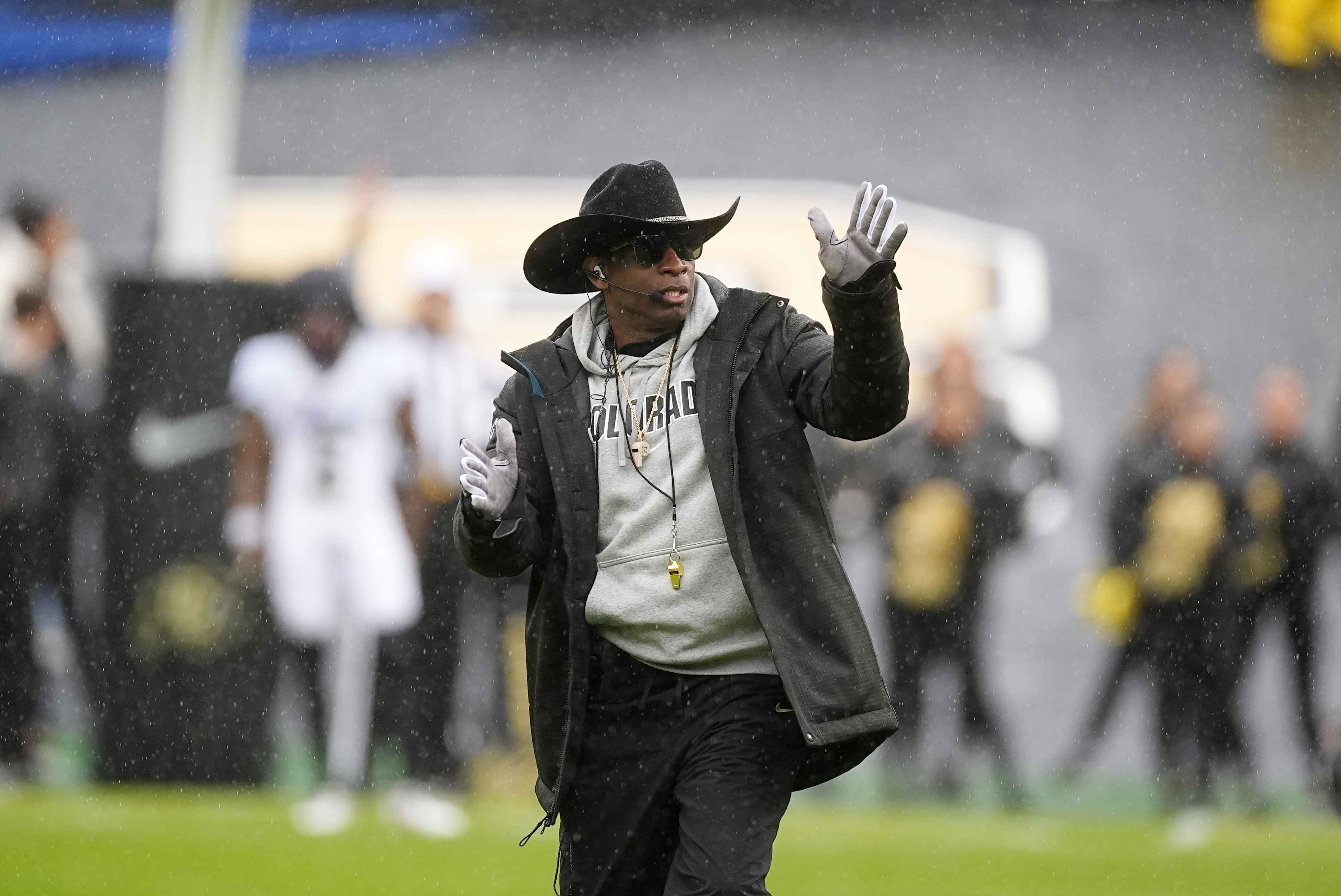 Colorado head coach Deion Sanders directs his team during the first half of an NCAA spring college football game Saturday, April 27, 2024, in Boulder, Colo. 