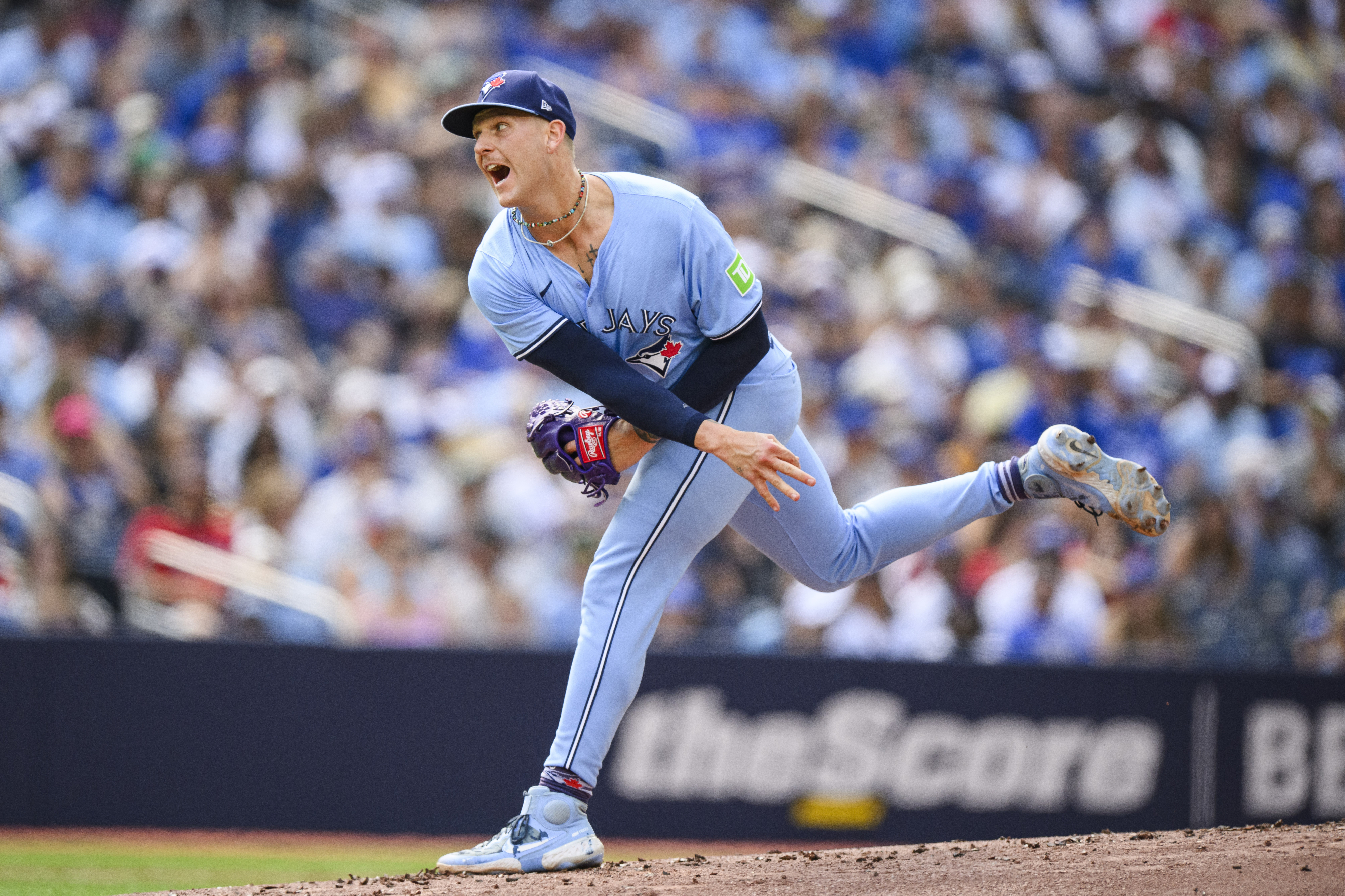 Toronto Blue Jays pitcher Bowden Francis (44) throws the ball during second inning of a baseball game against the Los Angeles Angels in Toronto, Saturday, Aug. 24, 2024.