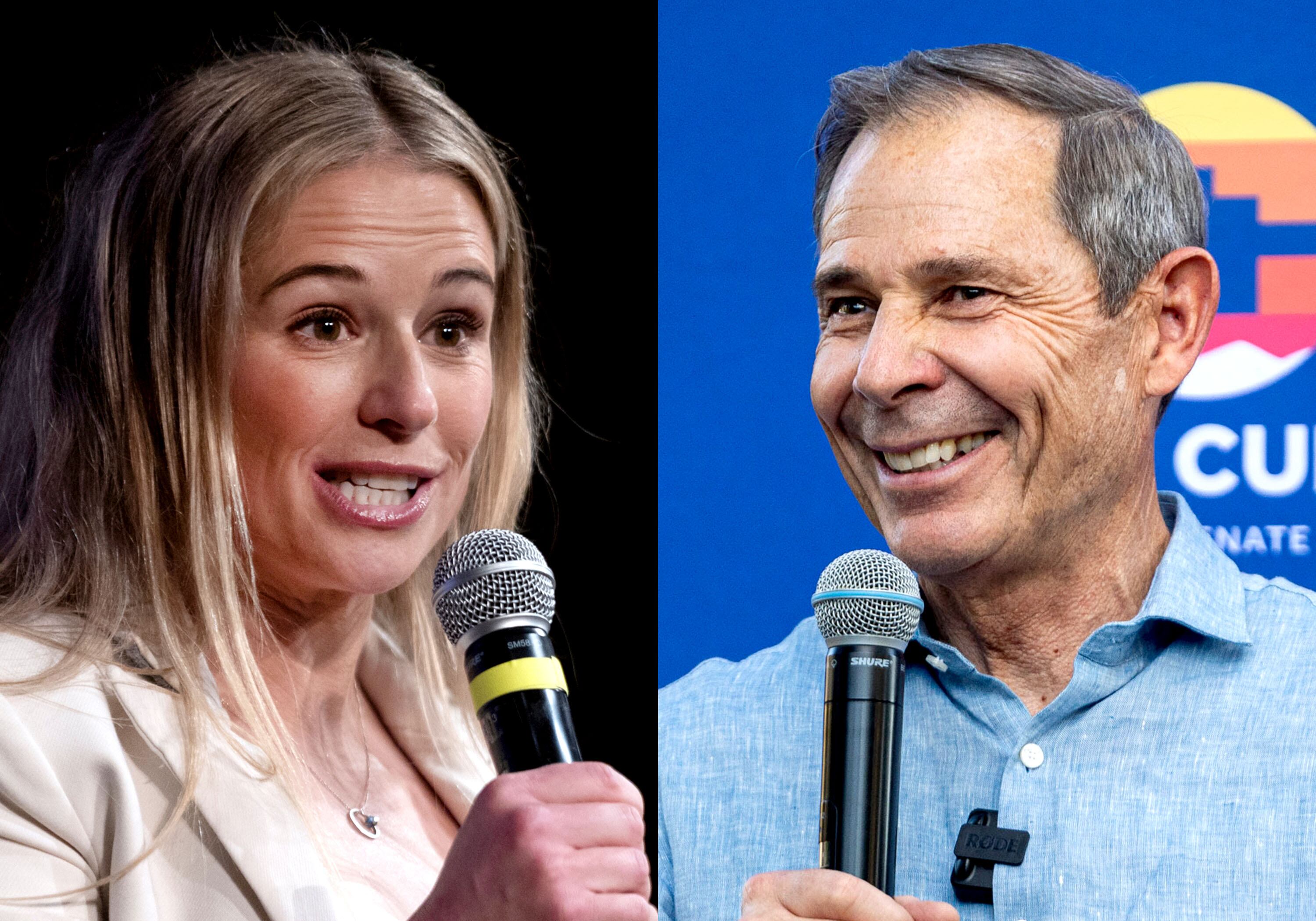 Senate candidate Caroline Gleich, left, speaks during the Utah Democratic Party state convention at Cottonwood High School in Murray on April 27. Senate candidate John Curtis, right, gives a speech during a watch party for Curtis’ campaign held at Riverview Park in Provo on June 25.