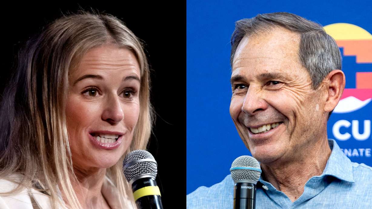 Senate candidate Caroline Gleich, left, speaks during the Utah Democratic Party state convention at Cottonwood High School in Murray on April 27. Senate candidate John Curtis, right, gives a speech during a watch party for Curtis’ campaign held at Riverview Park in Provo on June 25.