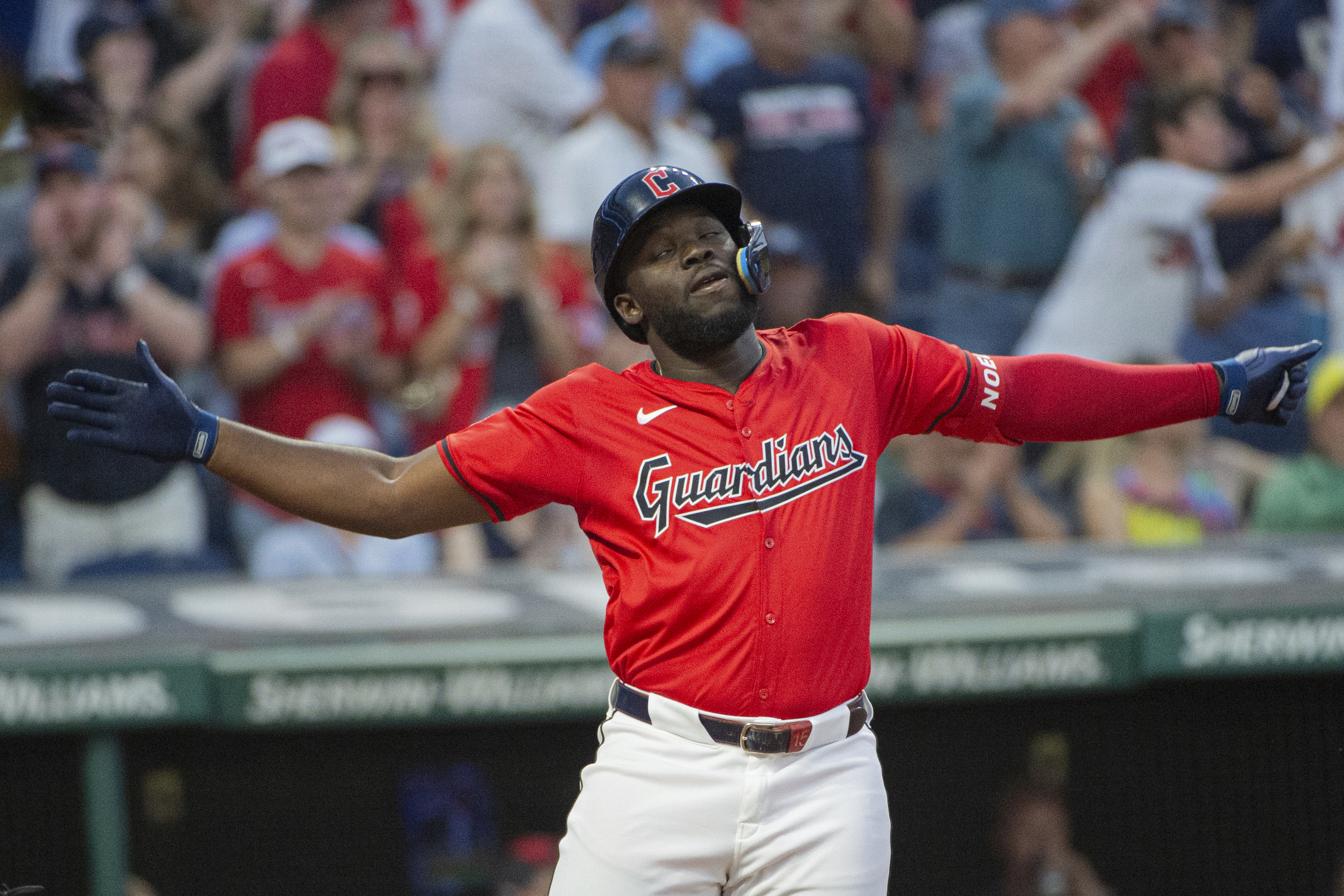 Cleveland Guardians' Jhonkensy Noel celebrates after hitting a three-run home run off Texas Rangers starting pitcher Jon Gray during the third inning of a baseball game in Cleveland, Saturday, Aug. 24, 2024. 