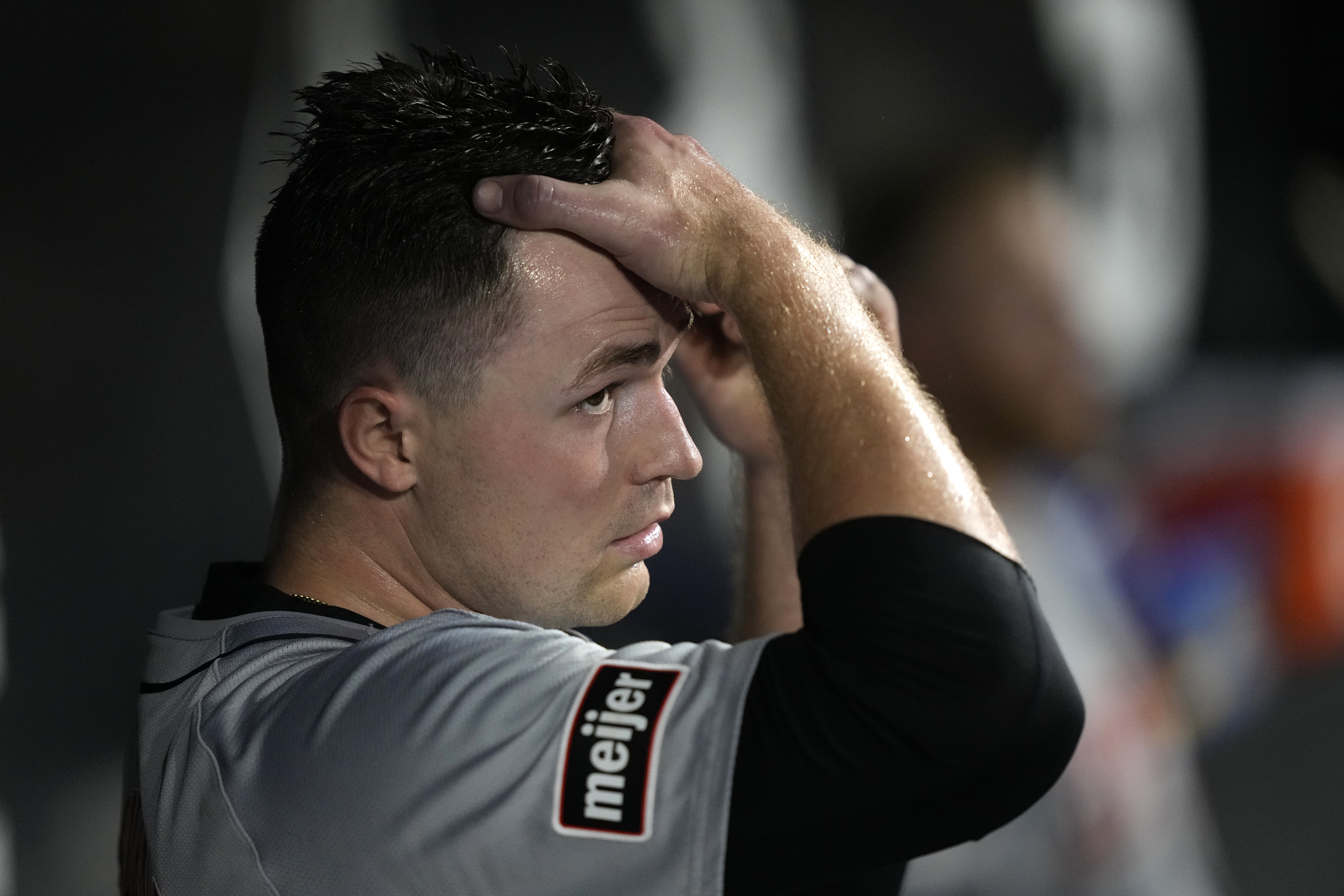 Detroit Tigers starting pitcher Tarik Skubal looks out from dugout after completing the fifth inning of a baseball game against the Chicago White Sox on Saturday, Aug. 24, 2024, in Chicago. 