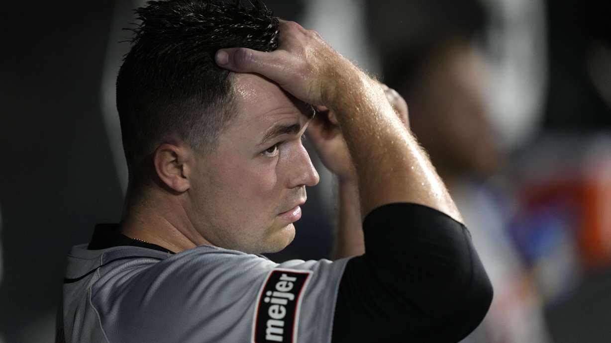 Detroit Tigers starting pitcher Tarik Skubal looks out from dugout after completing the fifth inning of a baseball game against the Chicago White Sox on Saturday, Aug. 24, 2024, in Chicago.