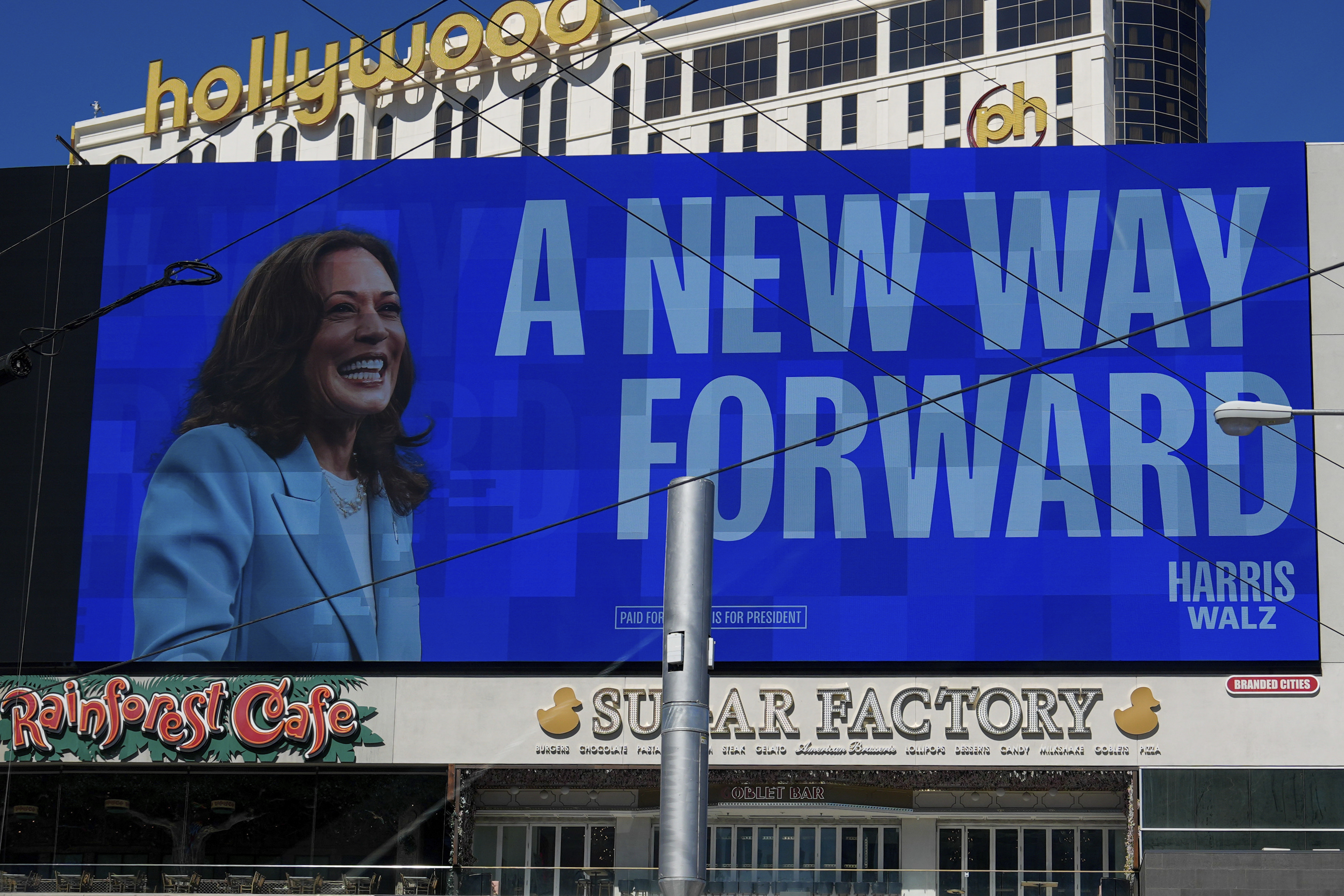 A billboard displays an advertisement for Democratic presidential nominee Vice President Kamala Harris on the Las Vegas Strip, Friday.
