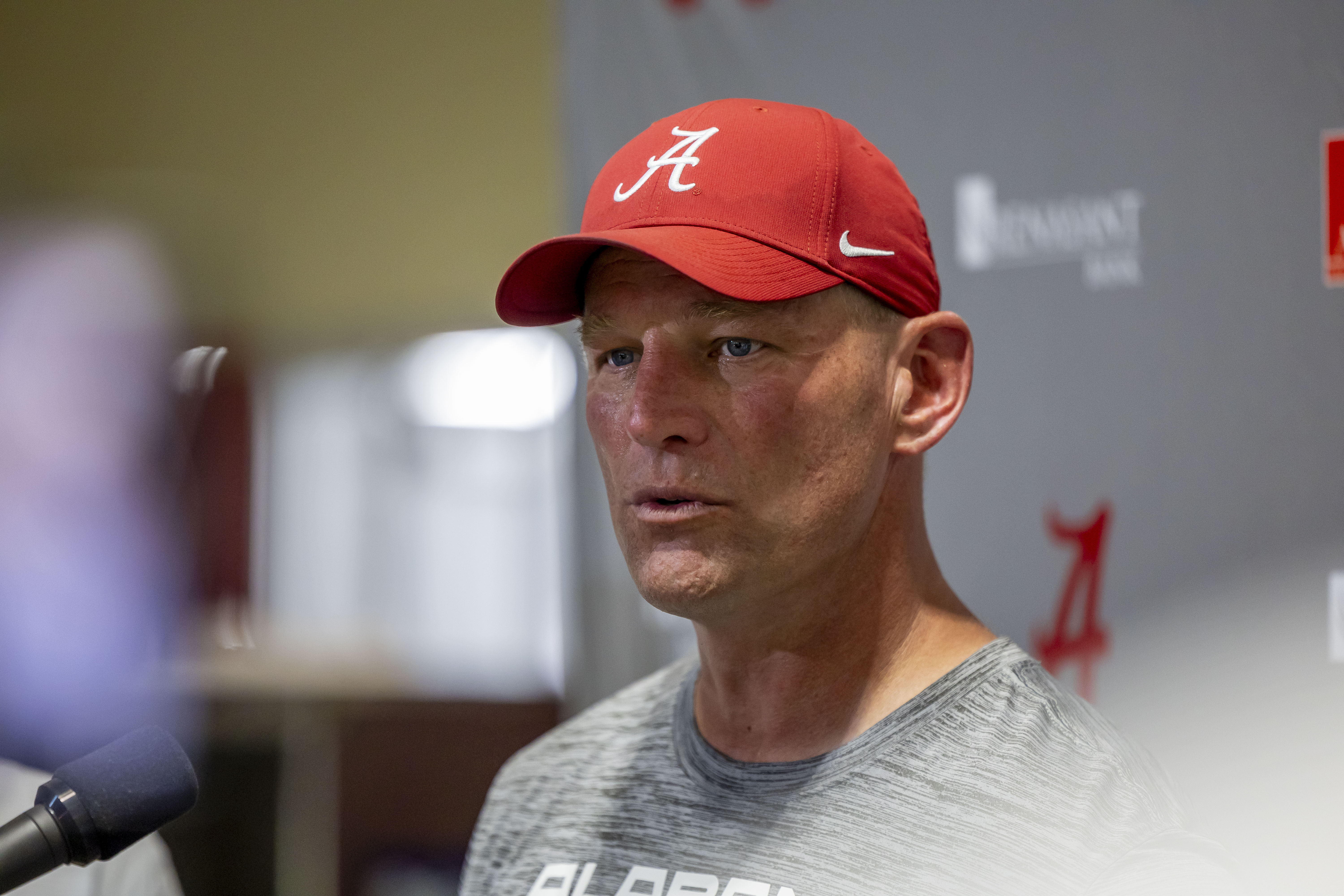 Alabama head coach Kalen DeBoer talks with the media following NCAA college football practice, Wednesday, July 31, 2024, in Tuscaloosa, Ala. 