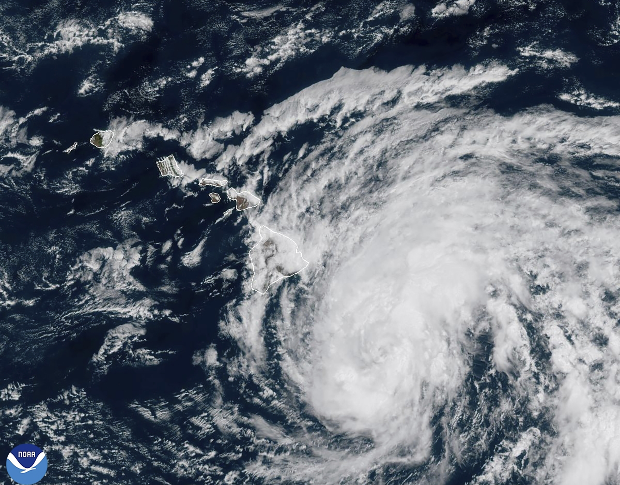 This image shows Tropical Storm Hone as it continues to track to the west toward the Hawaiian Islands, Saturday.
