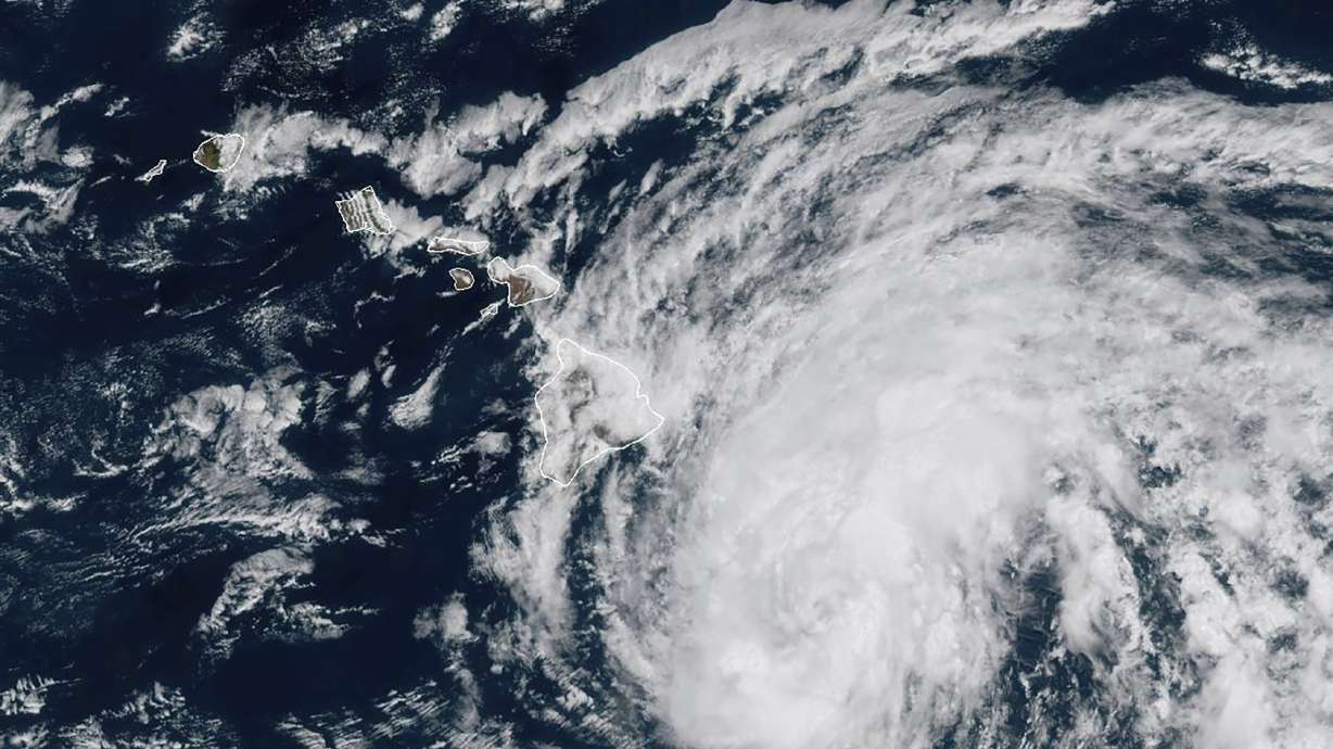 This image shows Tropical Storm Hone as it continues to track to the west toward the Hawaiian Islands, Saturday.