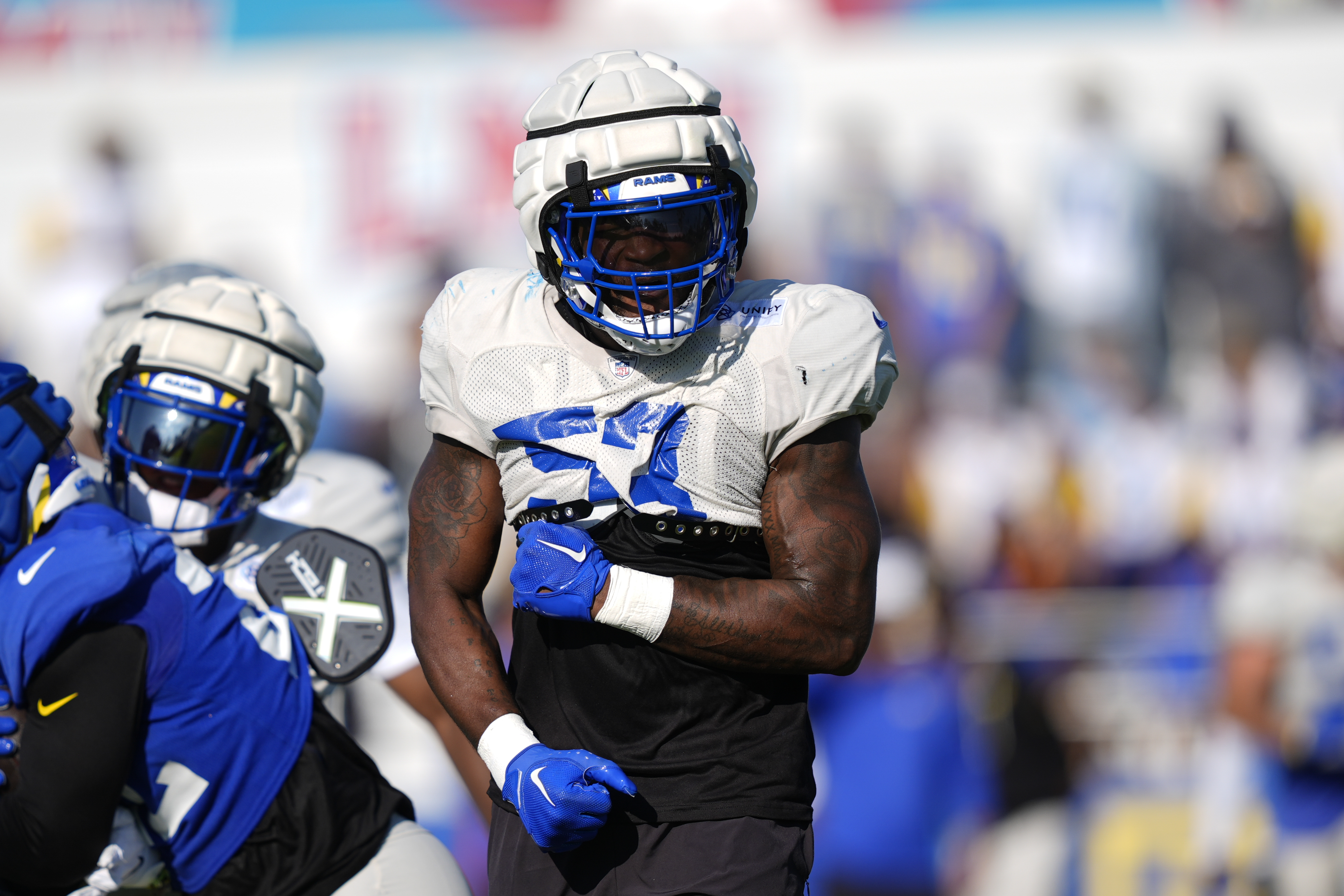 Los Angeles Rams linebacker Ernest Jones IV reacts during NFL football training camp Monday, July 29, 2024, in Los Angeles. 