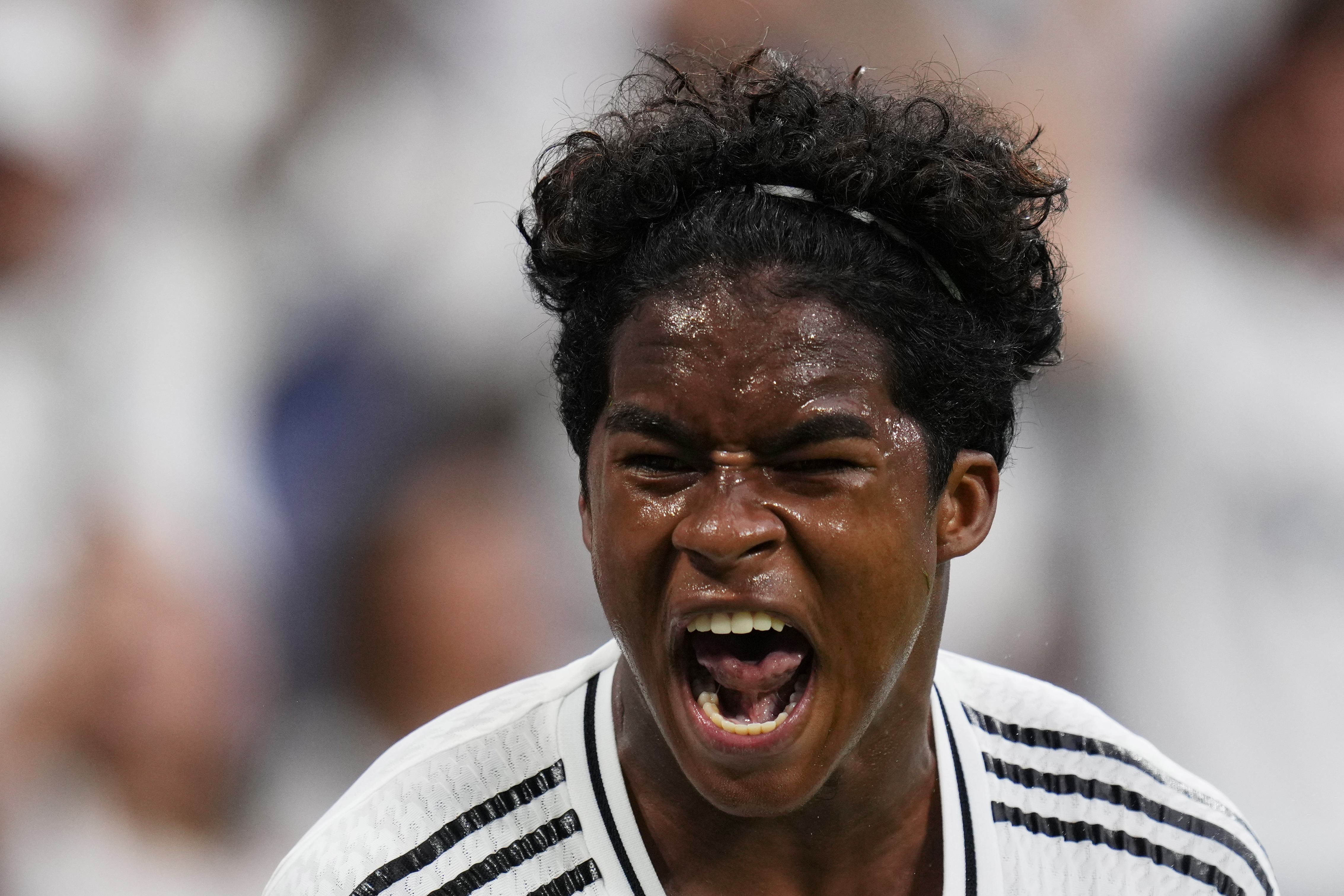 Real Madrid's Endrick celebrates after scoring his side's third goal during the Spanish La Liga soccer match between Real Madrid and Valladolid at the Santiago Bernabeu stadium in Madrid, Spain, Sunday, Aug. 25, 2024. 