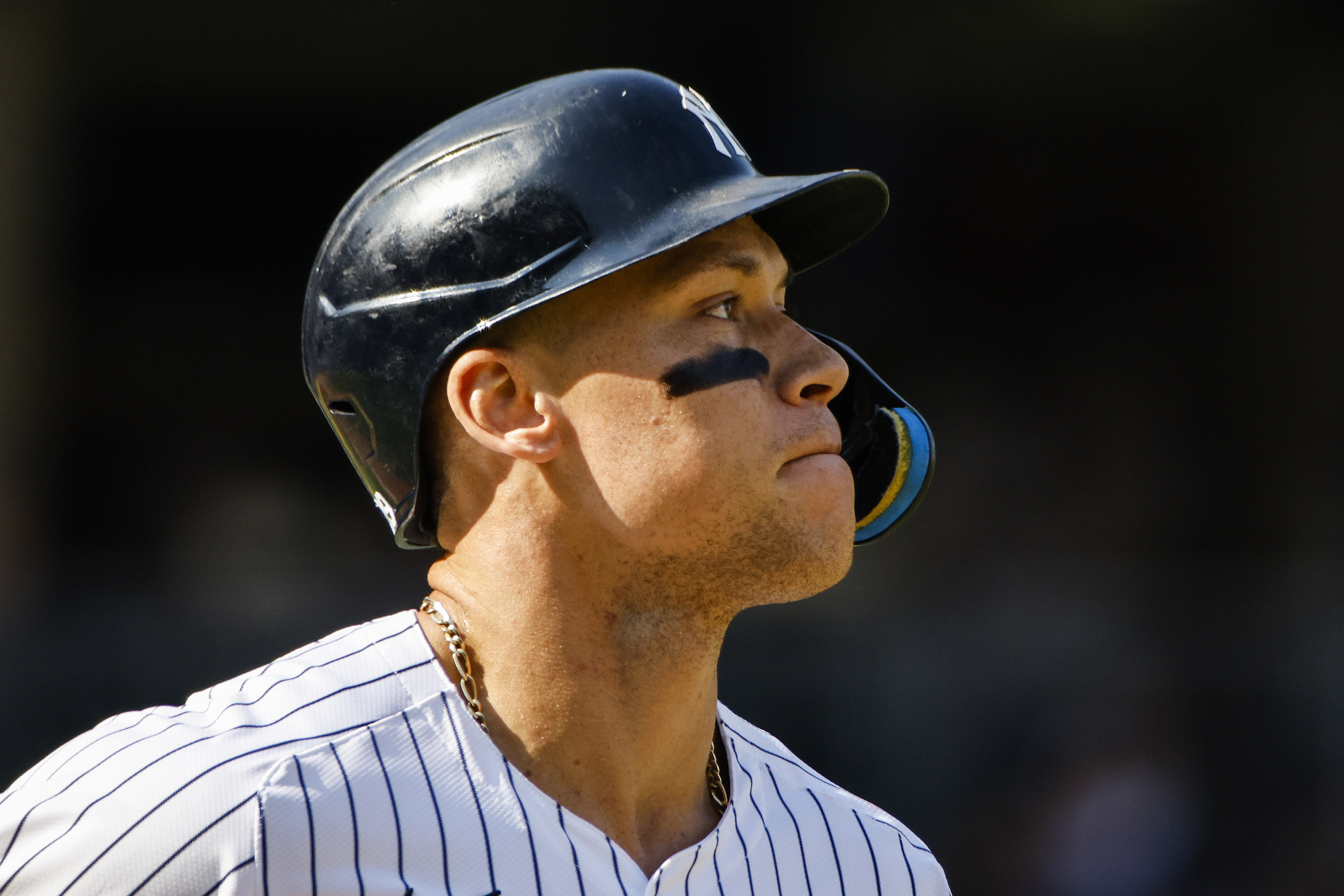 New York Yankees' Aaron Judge looks on during the sixth inning of a baseball game against the Colorado Rockies, Saturday, Aug. 24, 2024, in New York.