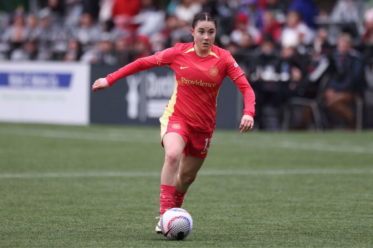 Portland Thorns FC midfielder Olivia Moultrie controls the ball during an NWSL soccer match March 24 in Portland, Oregon. 