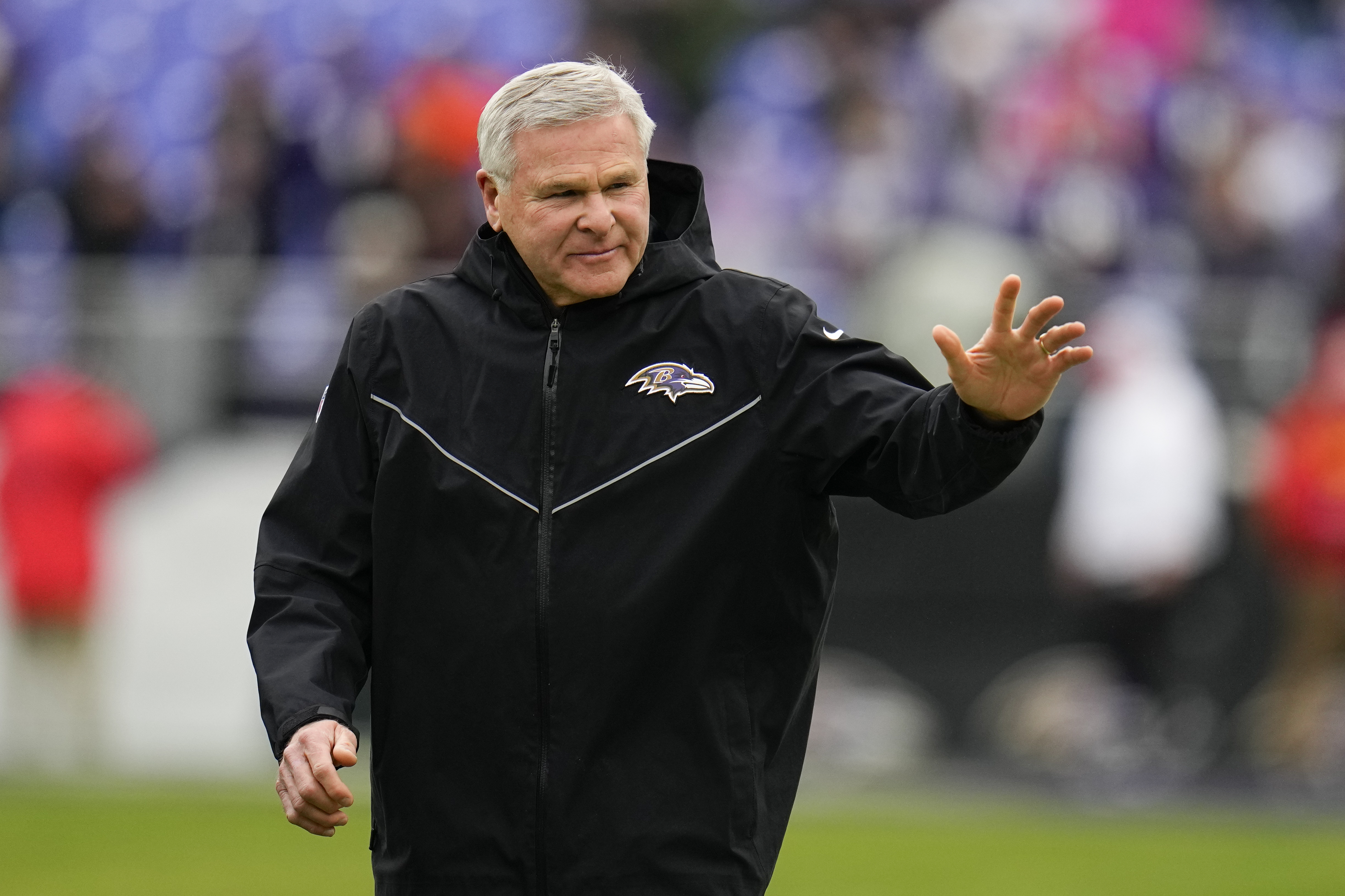 FILE 0 Baltimore Ravens offensive line coach Joe D'Alessandris looks on prior to the AFC Championship NFL football game between the Baltimore Ravens and the Kansas City Chiefs, Jan. 28, 2024, in Baltimore.