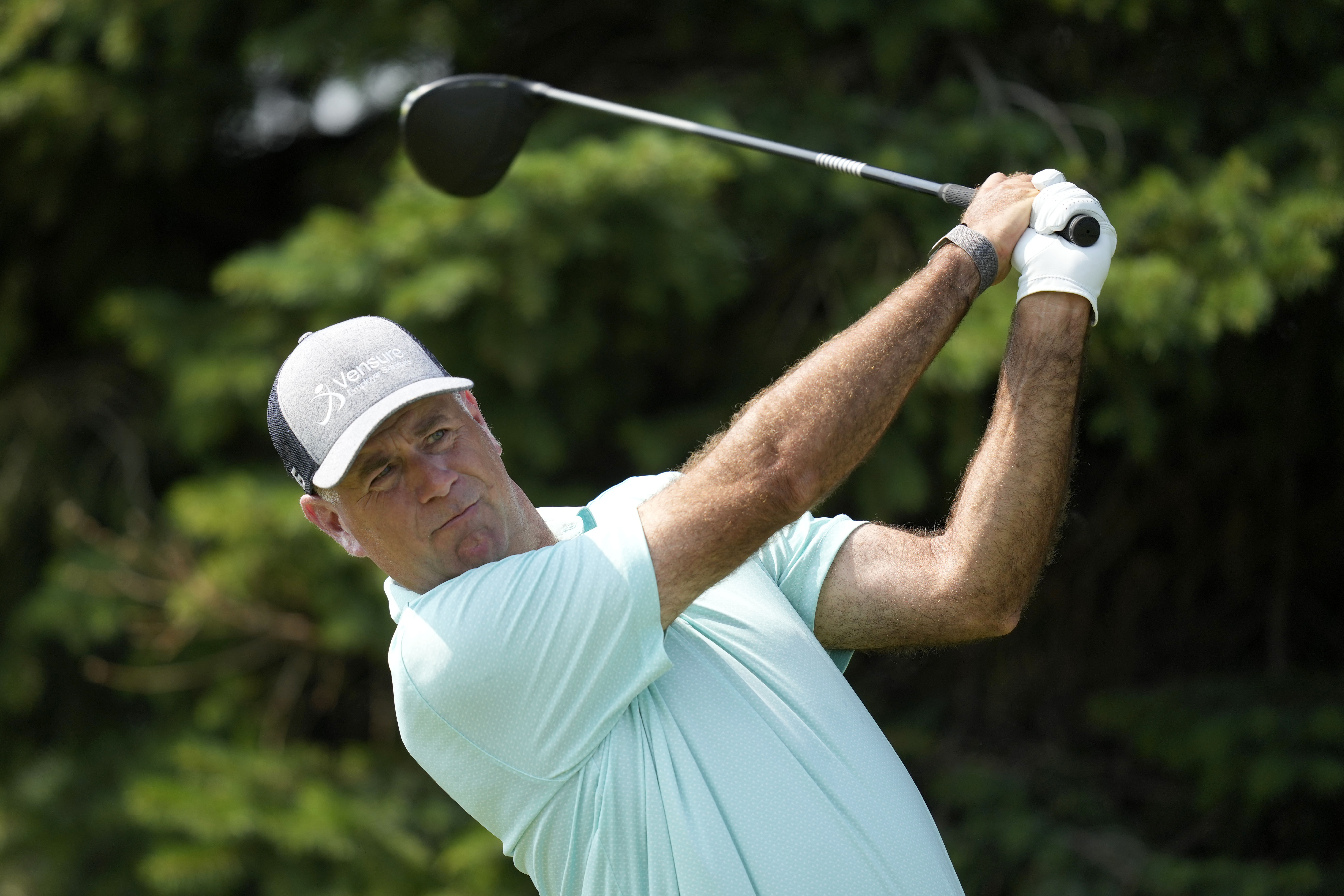 Stewart Cink watches his tee shot on the second hole during the third round of the 3M Open golf tournament at the Tournament Players Club, Saturday, July 27, 2024, in Blaine, Minn.