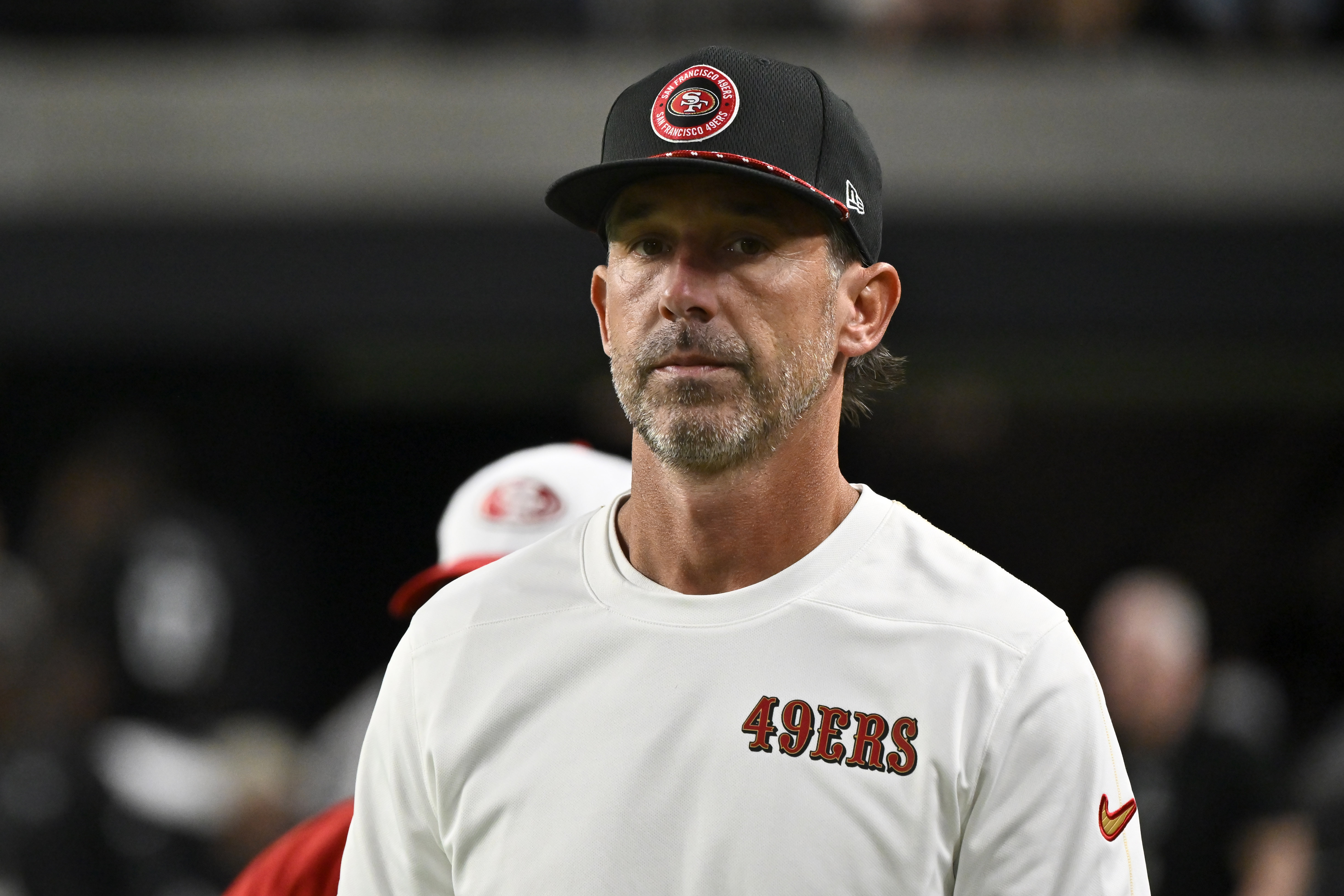 San Francisco 49ers head coach Kyle Shanahan stands on the sideline during the second half of an NFL preseason football game against the Las Vegas Raiders, Friday, Aug. 23, 2024, in Las Vegas. 
