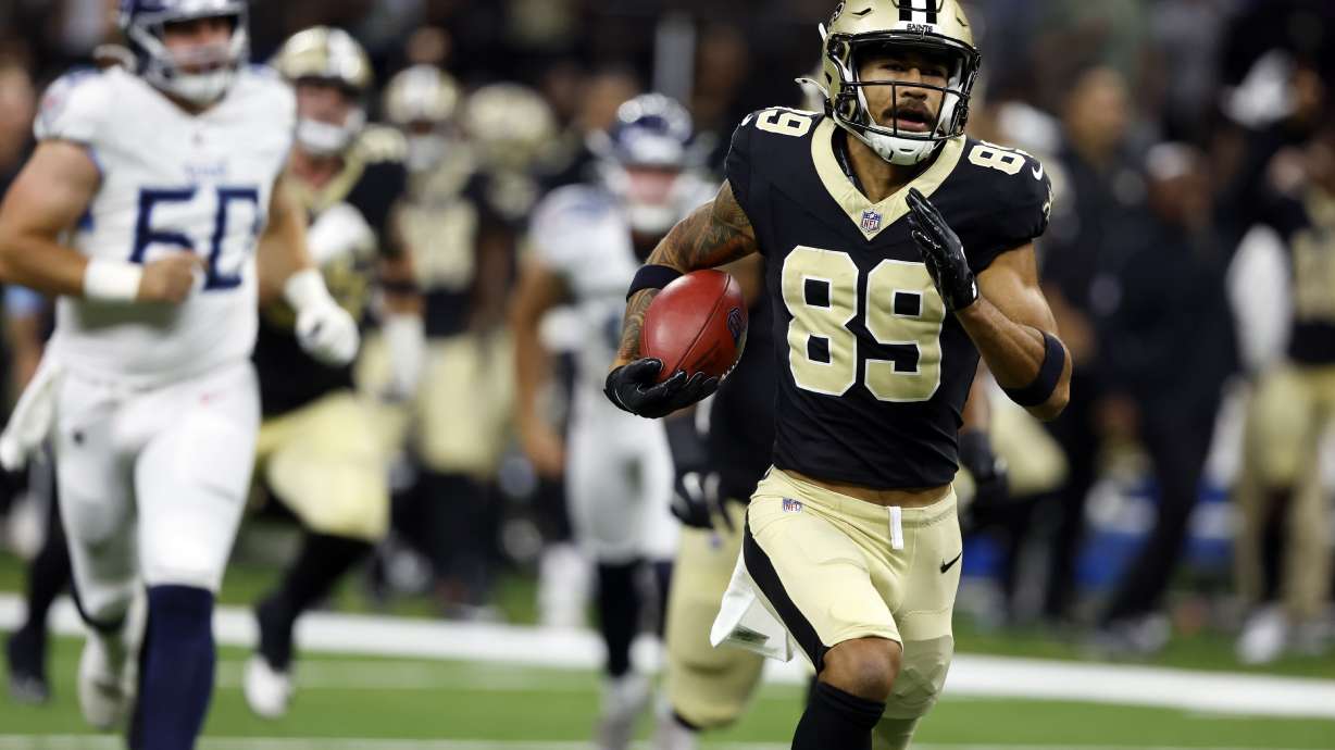 New Orleans Saints' Samson Nacua (89) returns a missed field goal-attempt during the first half of an NFL football game against the Tennessee Titans, Sunday, Aug. 25, 2024, in New Orleans.