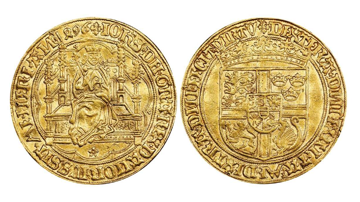 The auction's top lot is a gold coin from the late 15th century featuring a Danish king. A vast accumulation of coins is up for sale after previously being held to save against a disaster.