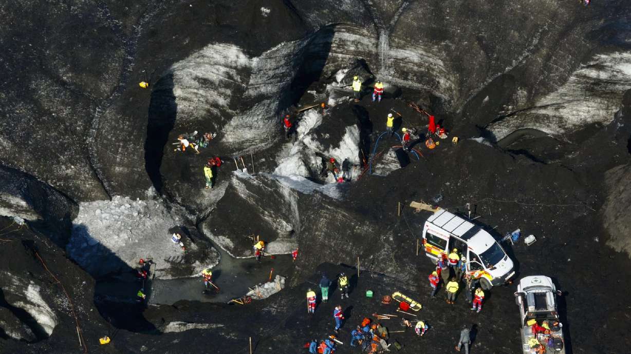 Rescue teams at the scene after an ice cave partially collapsed at the Breidamerkurjokull glacier, in southeastern Iceland, Monday.