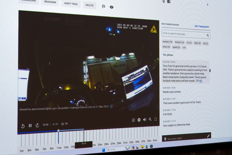 Draft One, an AI powered software that creates police reports from body cam audio, is demonstrated on a screen at Oklahoma City police headquarters on May in Oklahoma City, Okla.