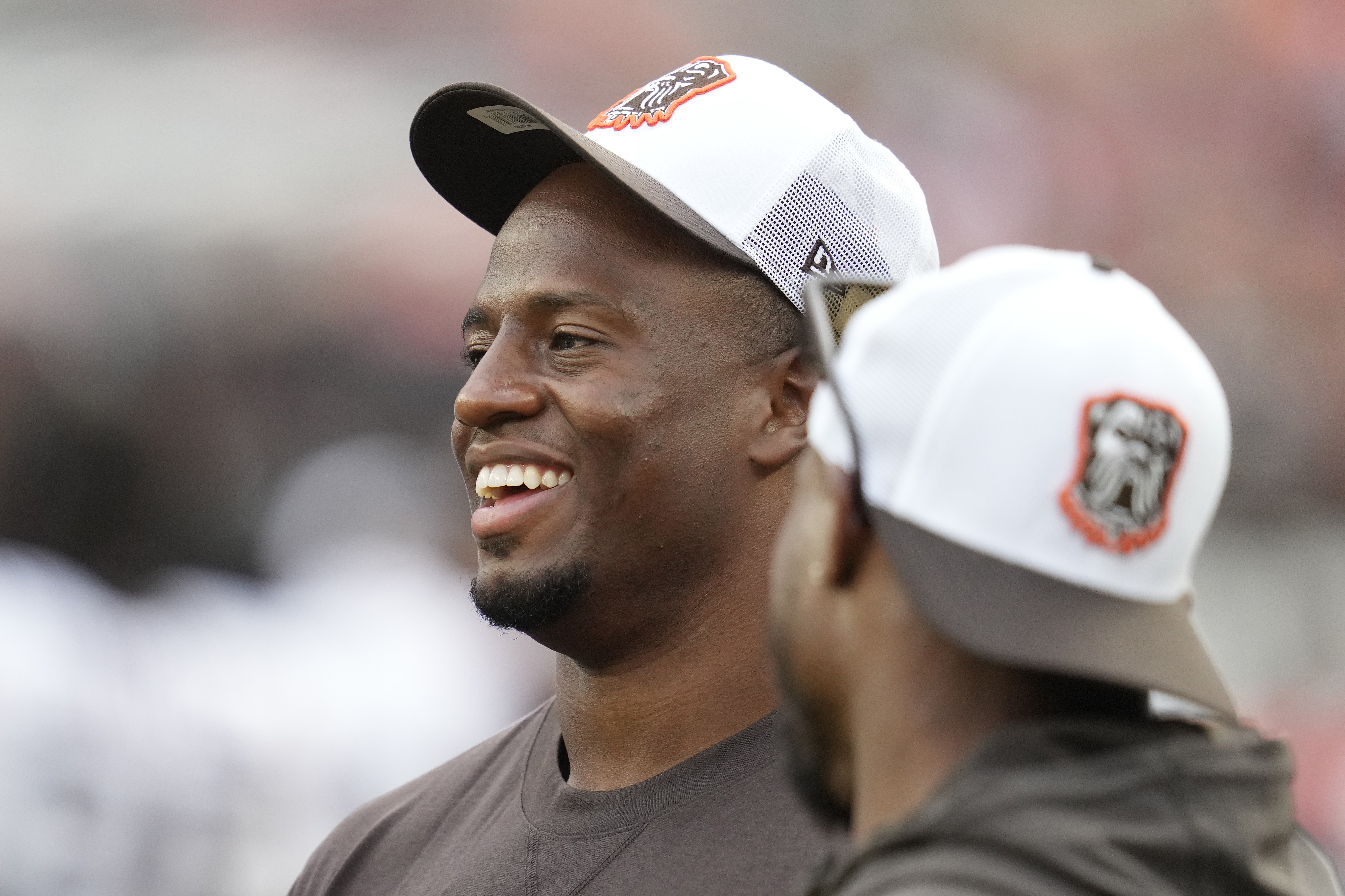 Cleveland Browns running back Nick Chubb watches from the sidelines against the Minnesota Vikings during the second half of an NFL preseason football game, Saturday, Aug. 17, 2024, in Cleveland. 