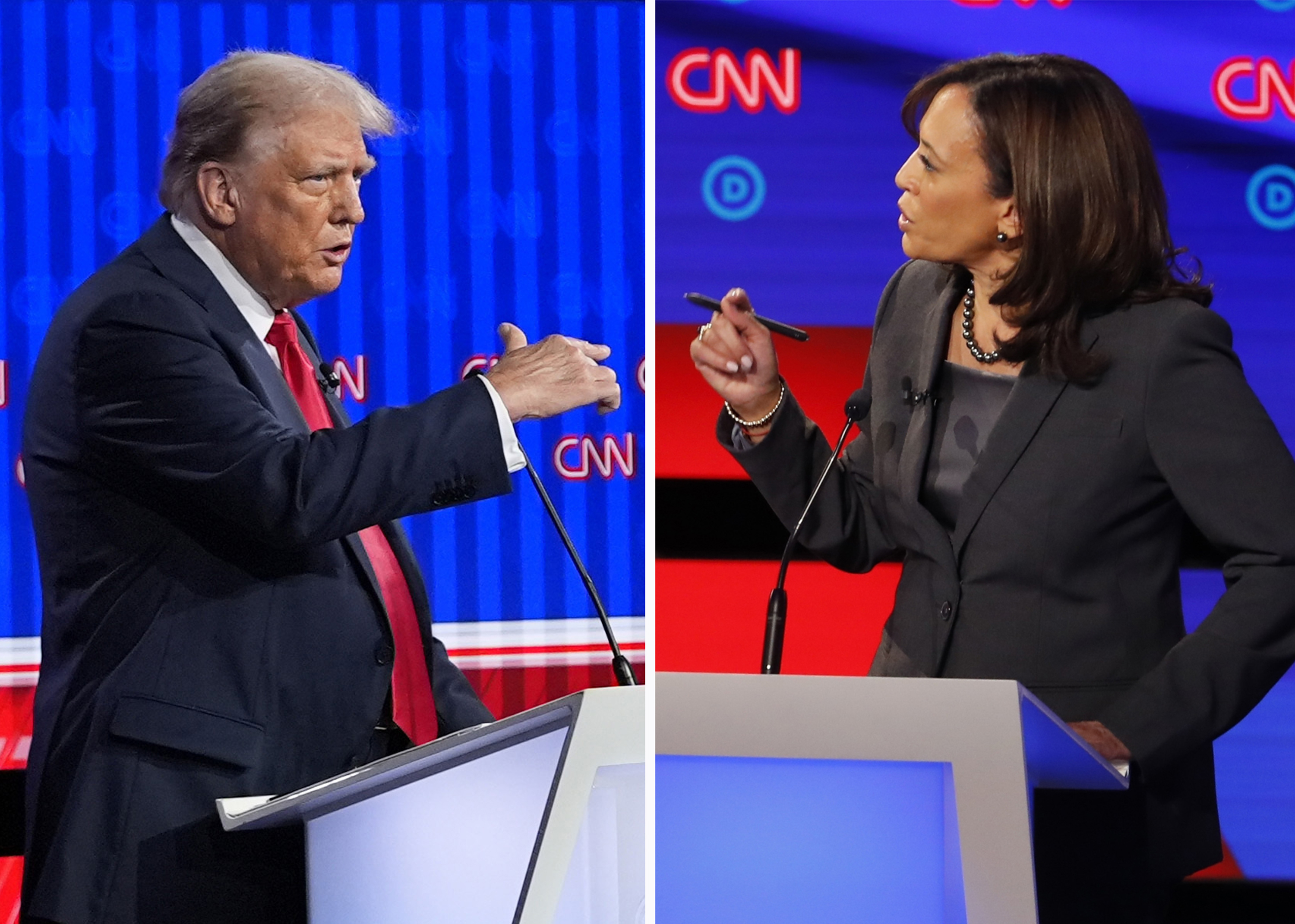 This combination photo shows Republican presidential candidate former president Donald Trump speaking June 27 in Atlanta, left, and Sen. Kamala Harris, D-Calif., speaking July 31, 2019, in Detroit. 