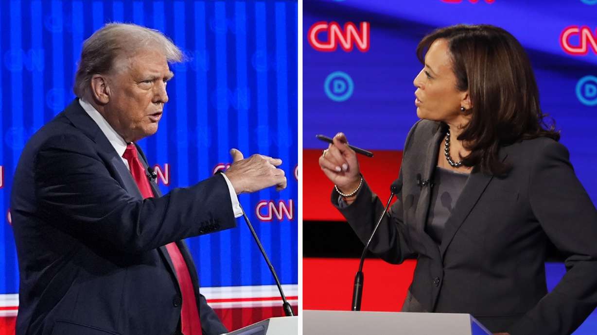 This combination photo shows Republican presidential candidate former president Donald Trump speaking June 27 in Atlanta, left, and Sen. Kamala Harris, D-Calif., speaking July 31, 2019, in Detroit.