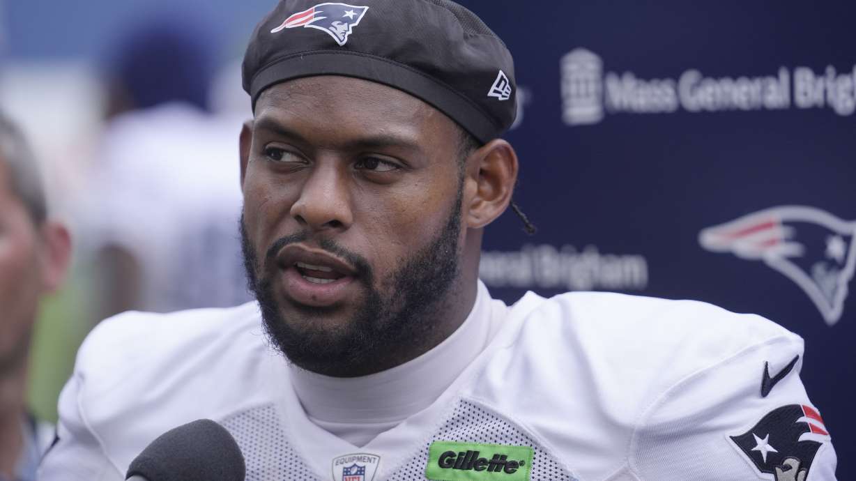 FILE - New England Patriots wide receiver JuJu Smith-Schuster speaks with reporters following NFL football training camp, Tuesday, July 30, 2024, in Foxborough, Mass.