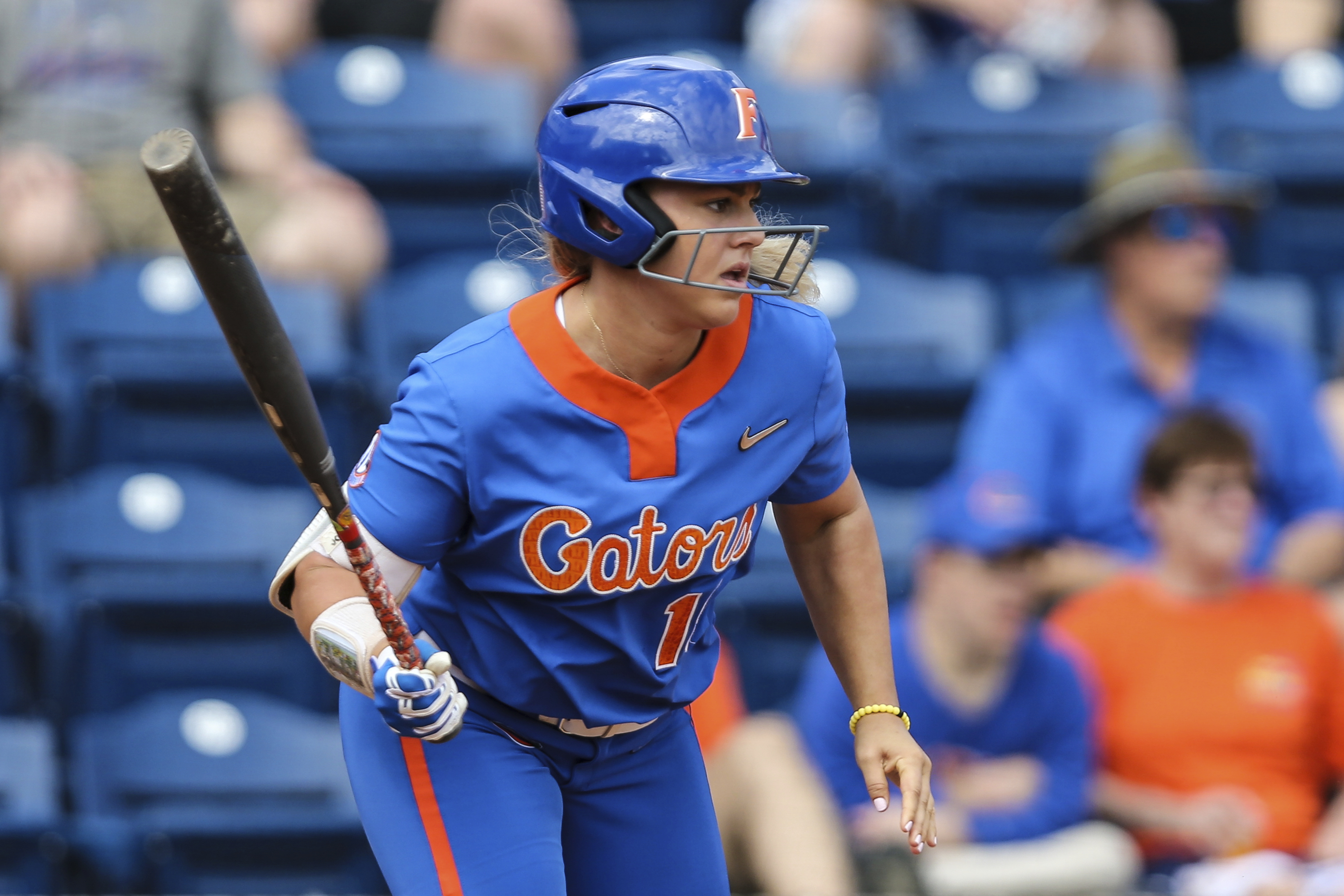FILE - Florida's Amanda Lorenz hits a lead-off single in the first inning of an NCAA softball game against Illinois State on Feb.23, 2019 in Gainesville, Fla. 