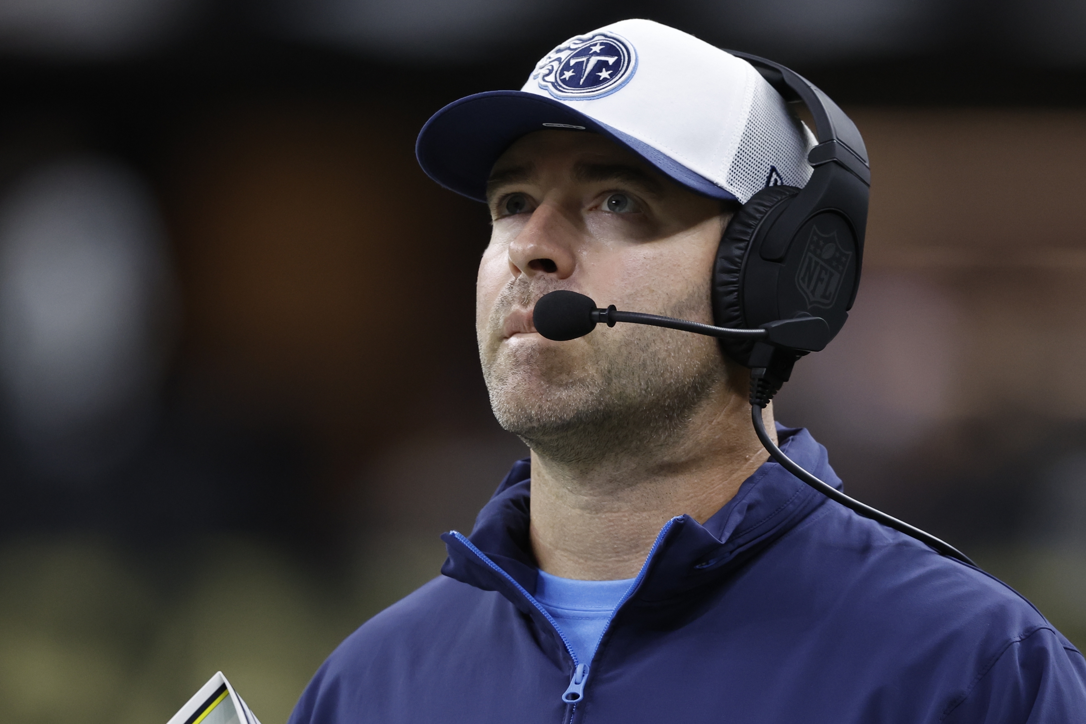 Tennessee Titans head coach Brian Callahan watches during the second half of an NFL preseason football game against the New Orleans Saints, Sunday, Aug. 25, 2024, in New Orleans. 