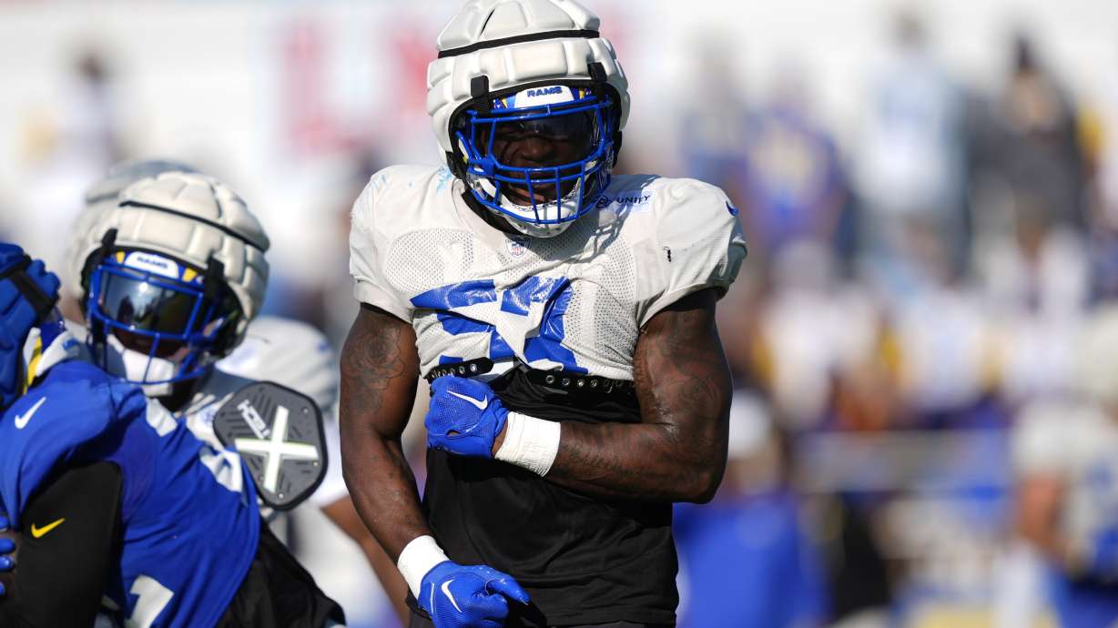 Los Angeles Rams linebacker Ernest Jones IV reacts during NFL football training camp Monday, July 29, 2024, in Los Angeles.