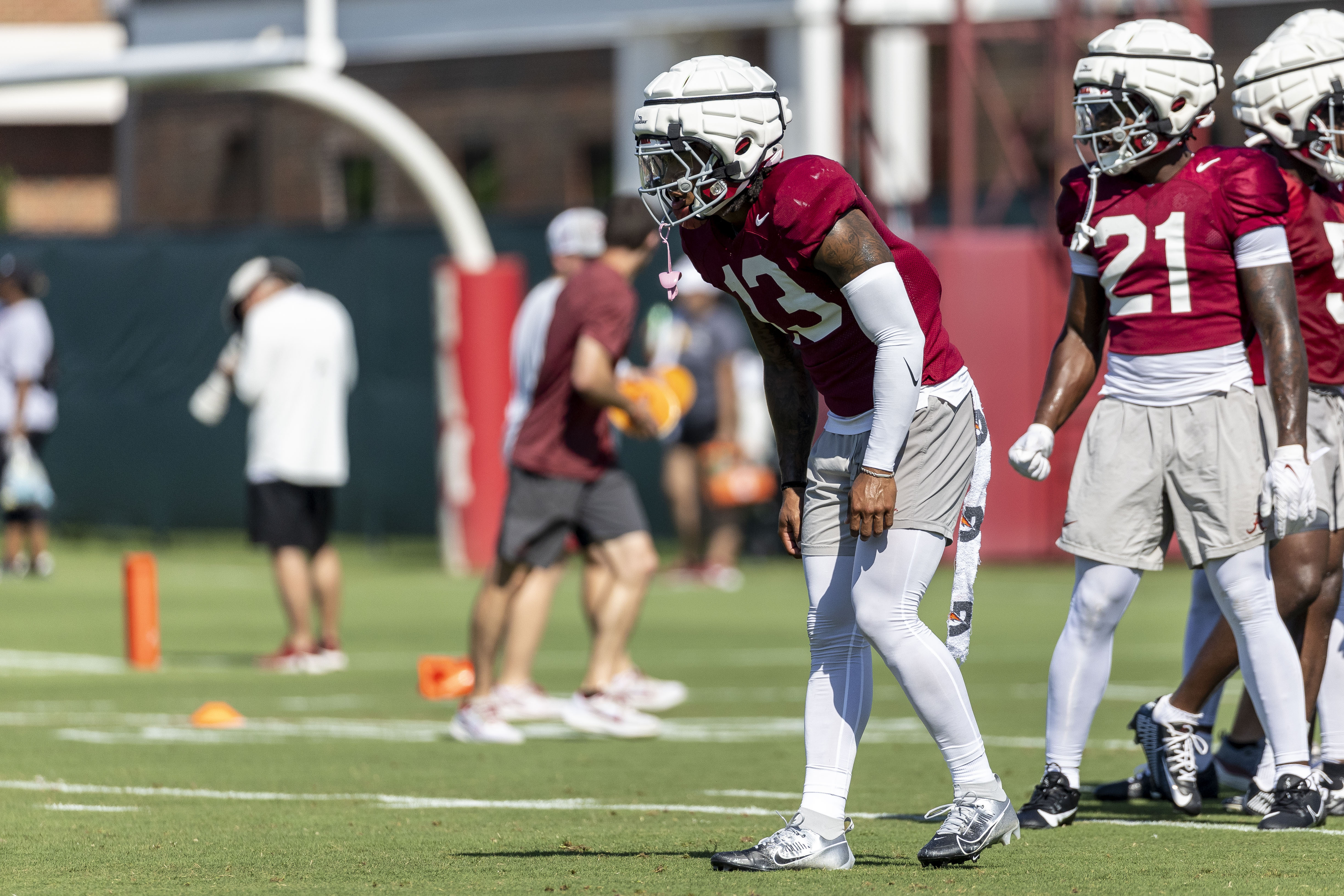 Alabama defensive back Malachi Moore (13) works through drills during an NCAA college football practice, Saturday, Aug. 3, 2024, at the Thomas-Drew Practice Fields in Tuscaloosa, Ala. 