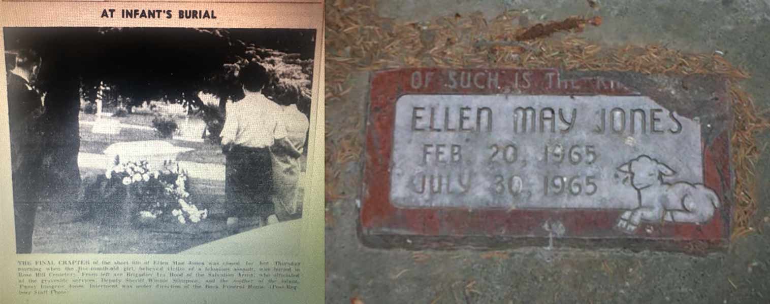 Left: Newspaper photo from 1965 shows Ellen May Jones’ burial at Rose Hill Cemetery in Idaho Falls. Right: Ellen’s headstone is pictured in the Rose Hill Cemetery in Idaho Falls.