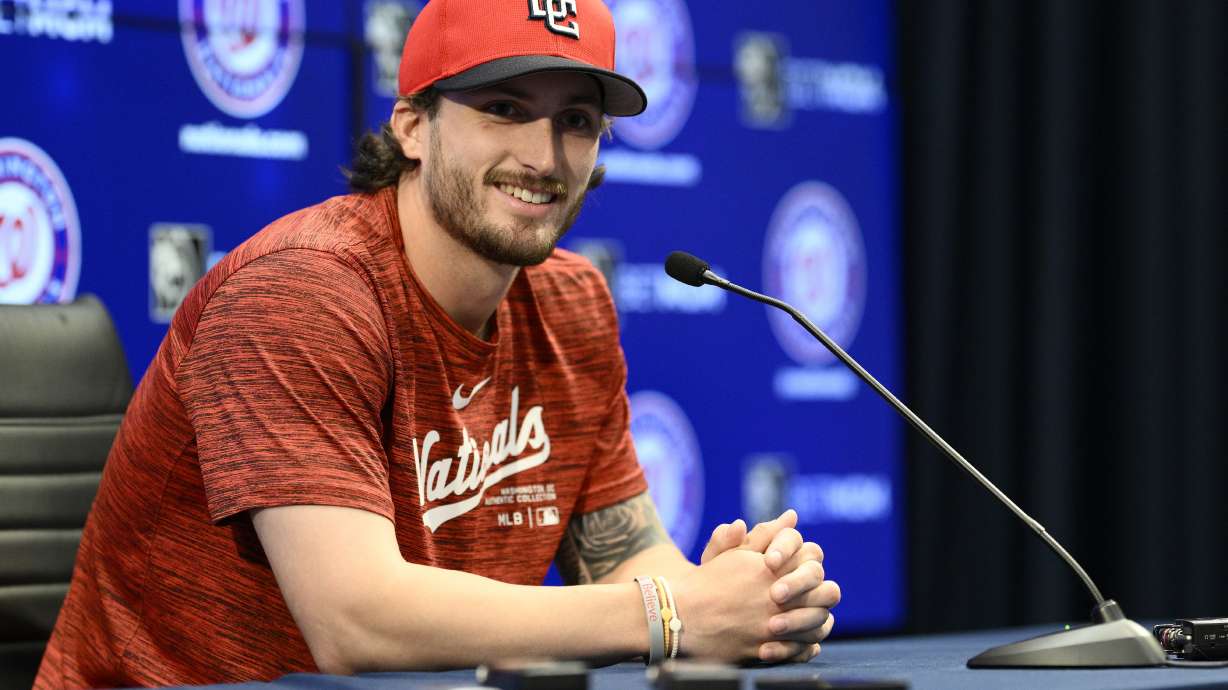 Washington Nationals' Dylan Crews talks to the media during a news conference before a baseball game between the Nationals and the New York Yankees, Monday, Aug. 26, 2024, in Washington.