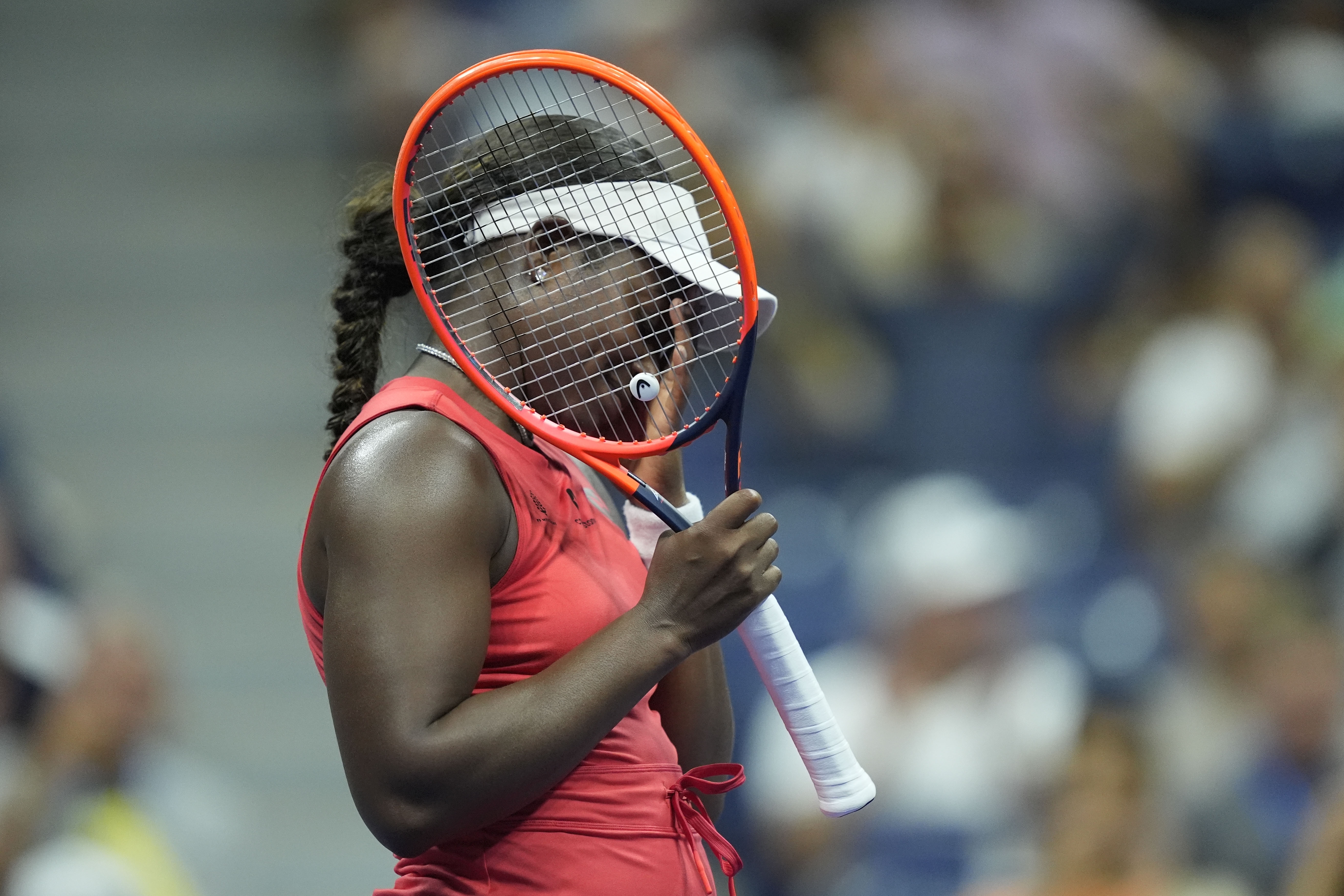 Sloane Stephens, of the United States, reacts against Clara Burel, of France, during a first round match of the U.S. Open tennis championships, Monday, Aug. 26, 2024, in New York. 