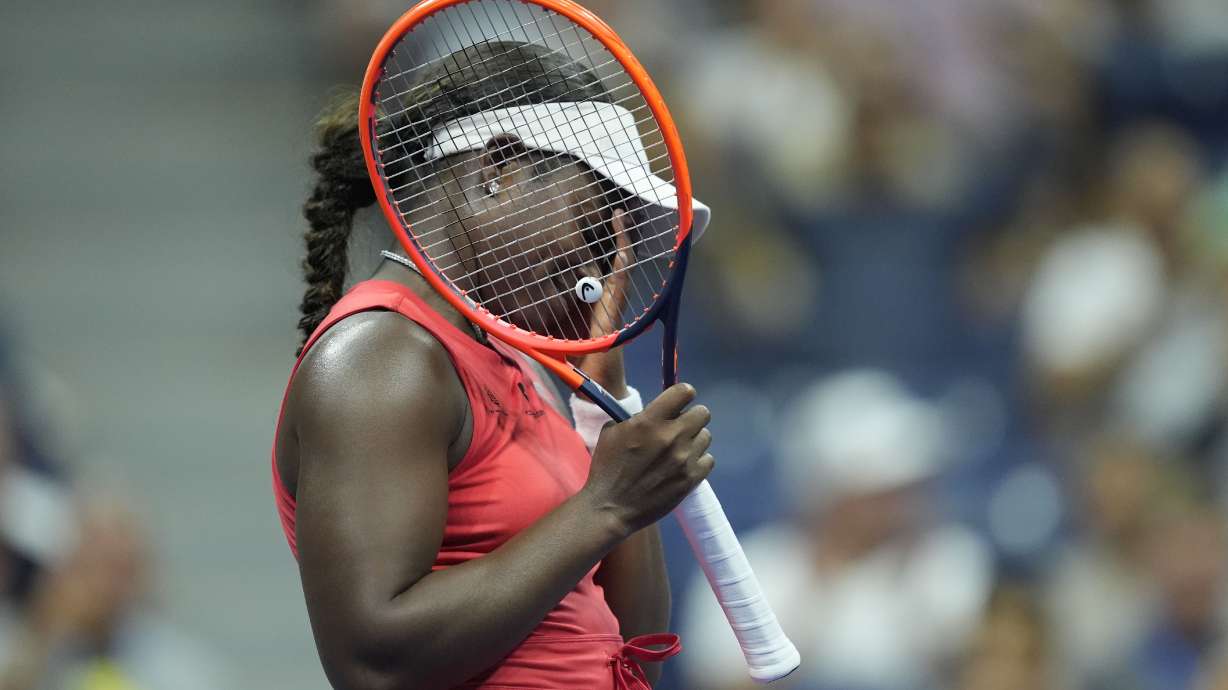 Sloane Stephens, of the United States, reacts against Clara Burel, of France, during a first round match of the U.S. Open tennis championships, Monday, Aug. 26, 2024, in New York.