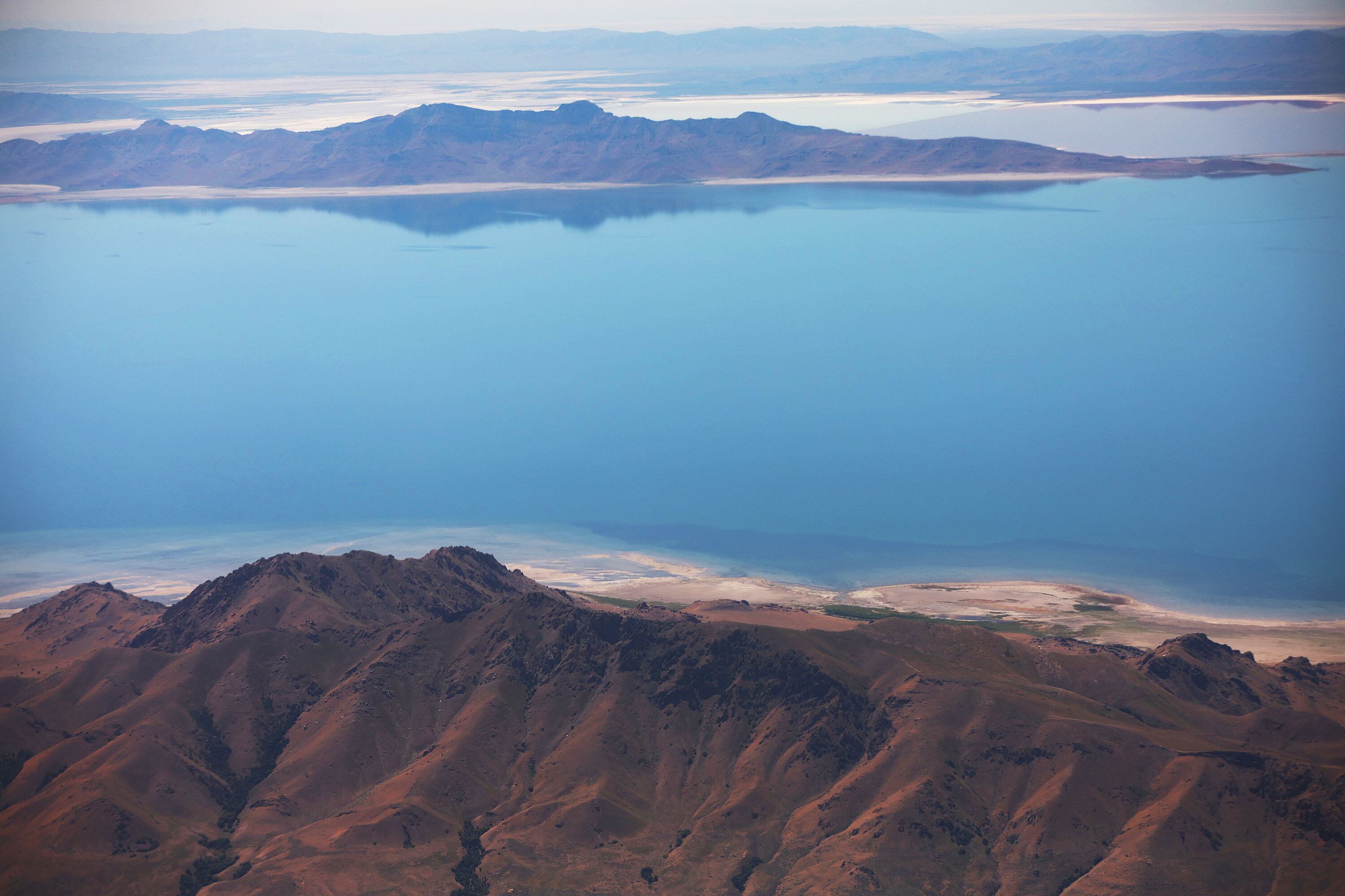 The Great Salt Lake and Antelope Island are pictured on July 20, 2023.