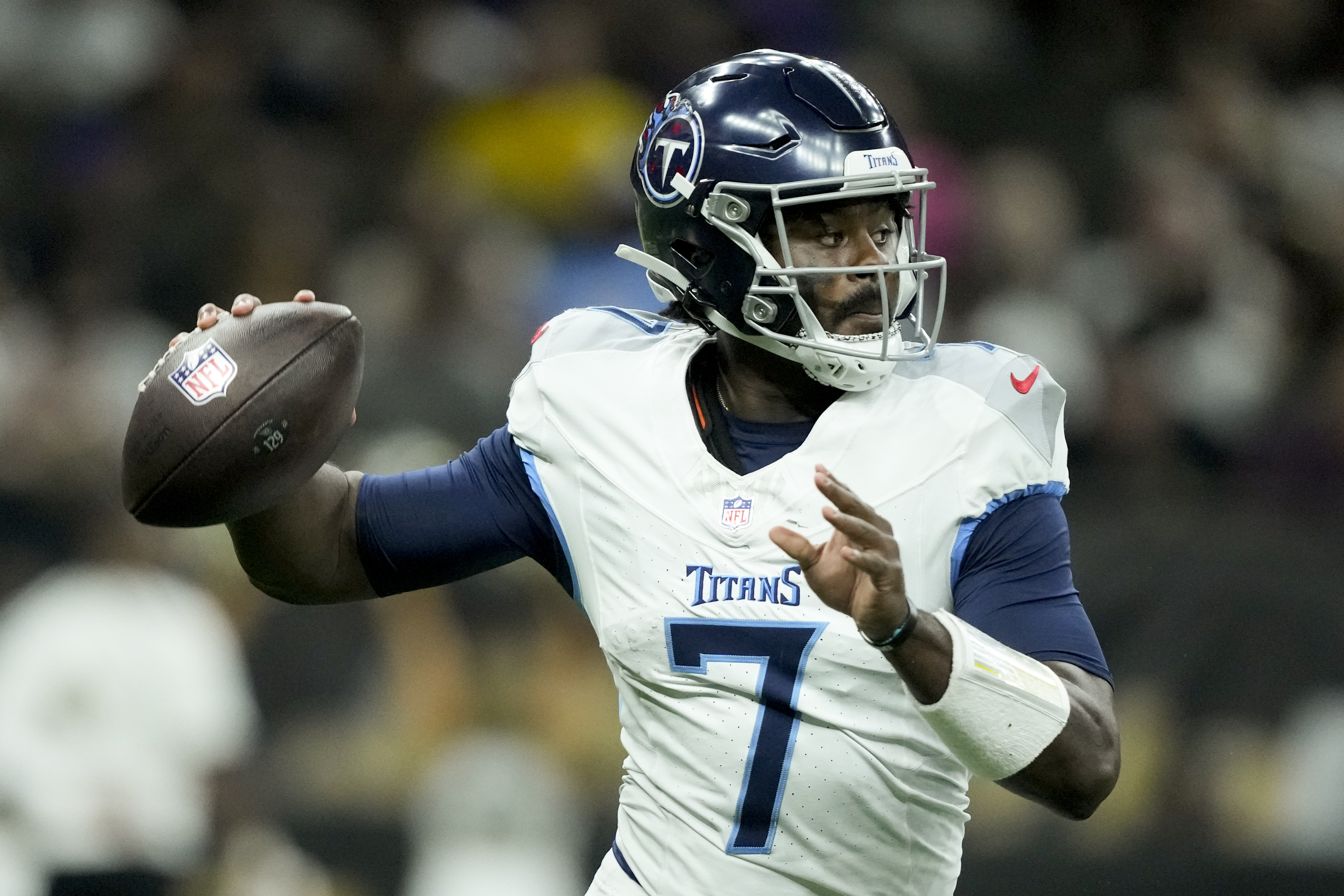 Tennessee Titans quarterback Malik Willis passes against the New Orleans Saints during the second half of an NFL preseason football game, Sunday, Aug. 25, 2024, in New Orleans. 