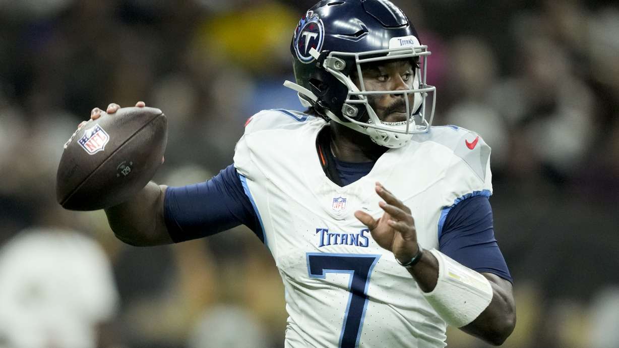 Tennessee Titans quarterback Malik Willis passes against the New Orleans Saints during the second half of an NFL preseason football game, Sunday, Aug. 25, 2024, in New Orleans.