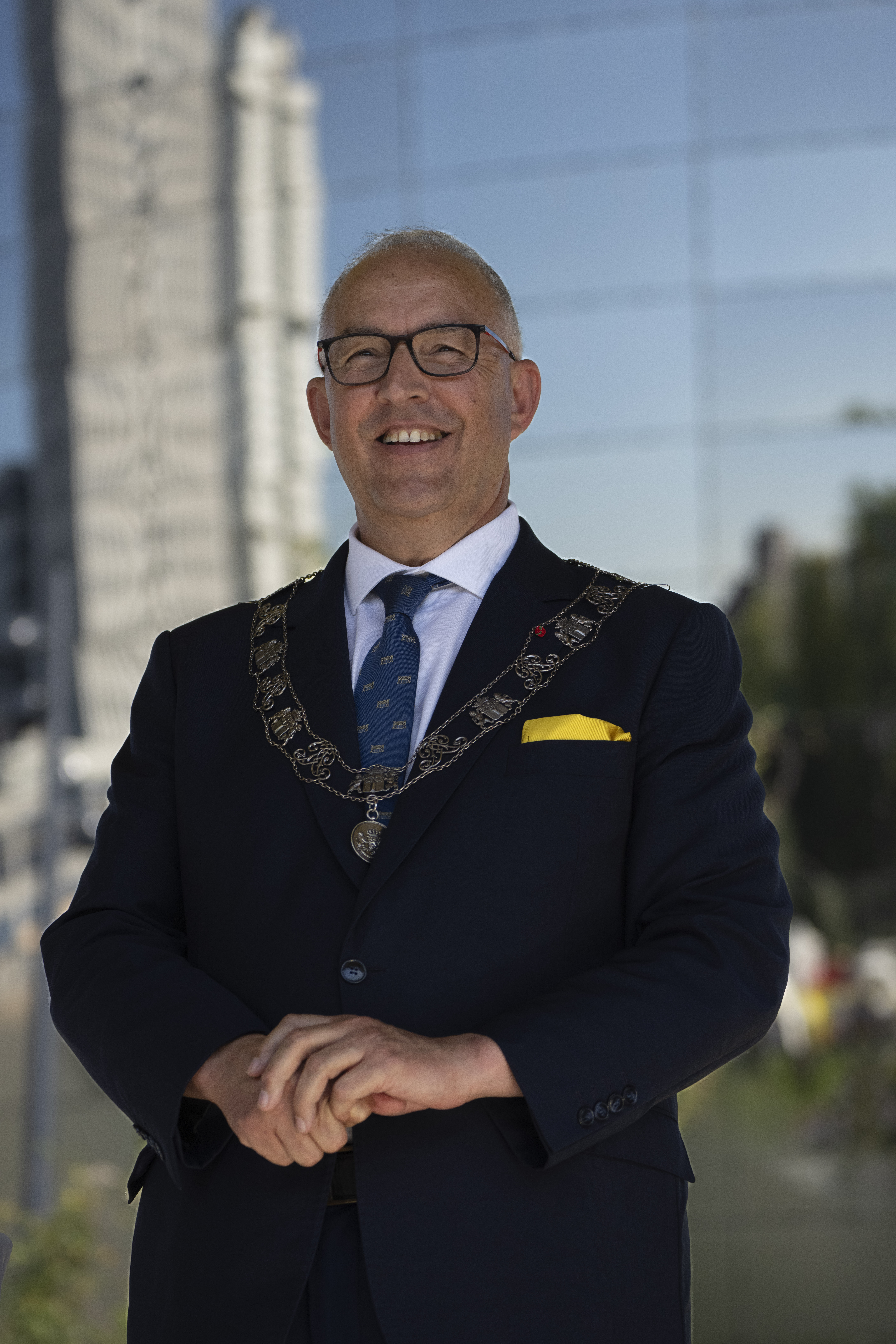 Rotterdam mayor Ahmed Aboutaleb waits on the podium prior to the first stage of the Tour de France Women cycling race with start in Rotterdam and finish in The Hague, Netherlands, Monday, Aug. 12, 2024. 