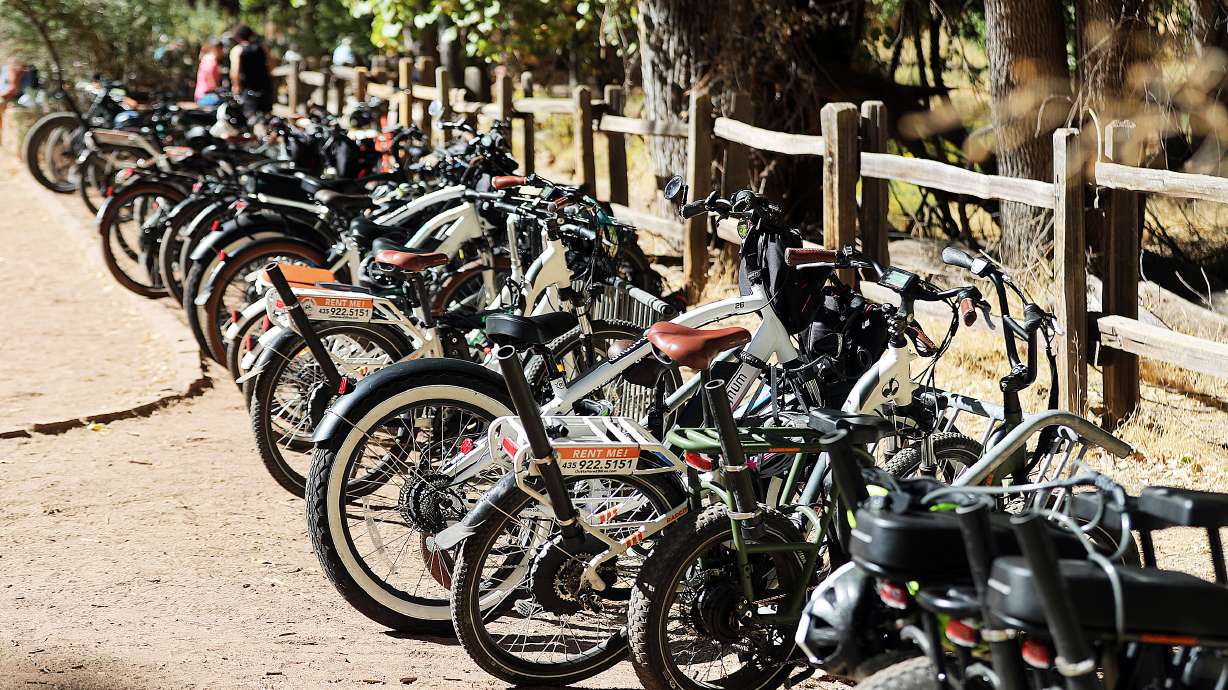 Bikes parked at the Temple of Sinawava in Zion National Park on Oct. 14, 2020. The National Park Service decided Friday to let park superintendents determine how e-bikes are managed in every national park.
