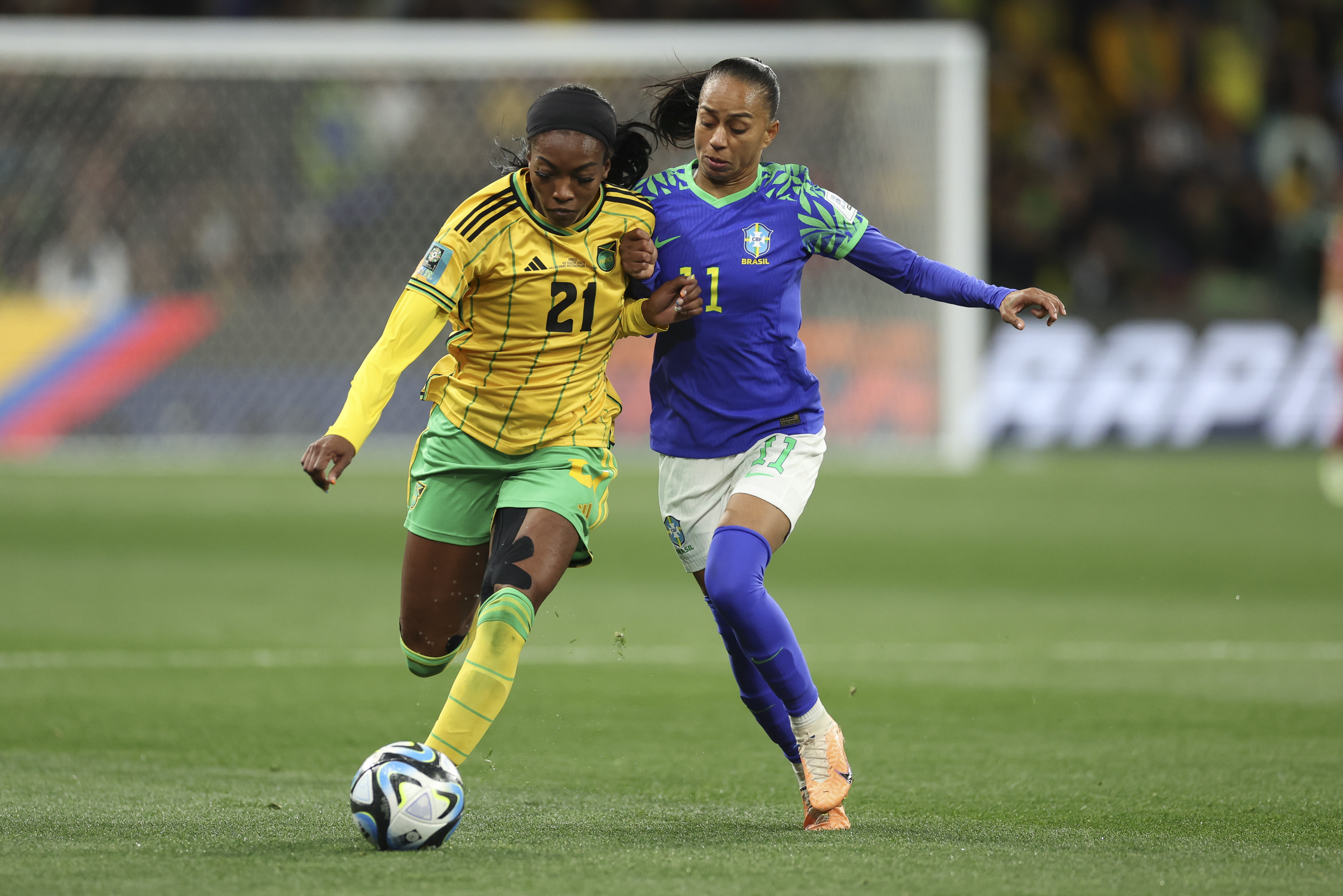 FILE Jamaica's Cheyna Matthews in action against Brazil's Adriana during the Women's World Cup Group F soccer match between Jamaica and Brazil in Melbourne, Australia, Aug. 2, 2023. 