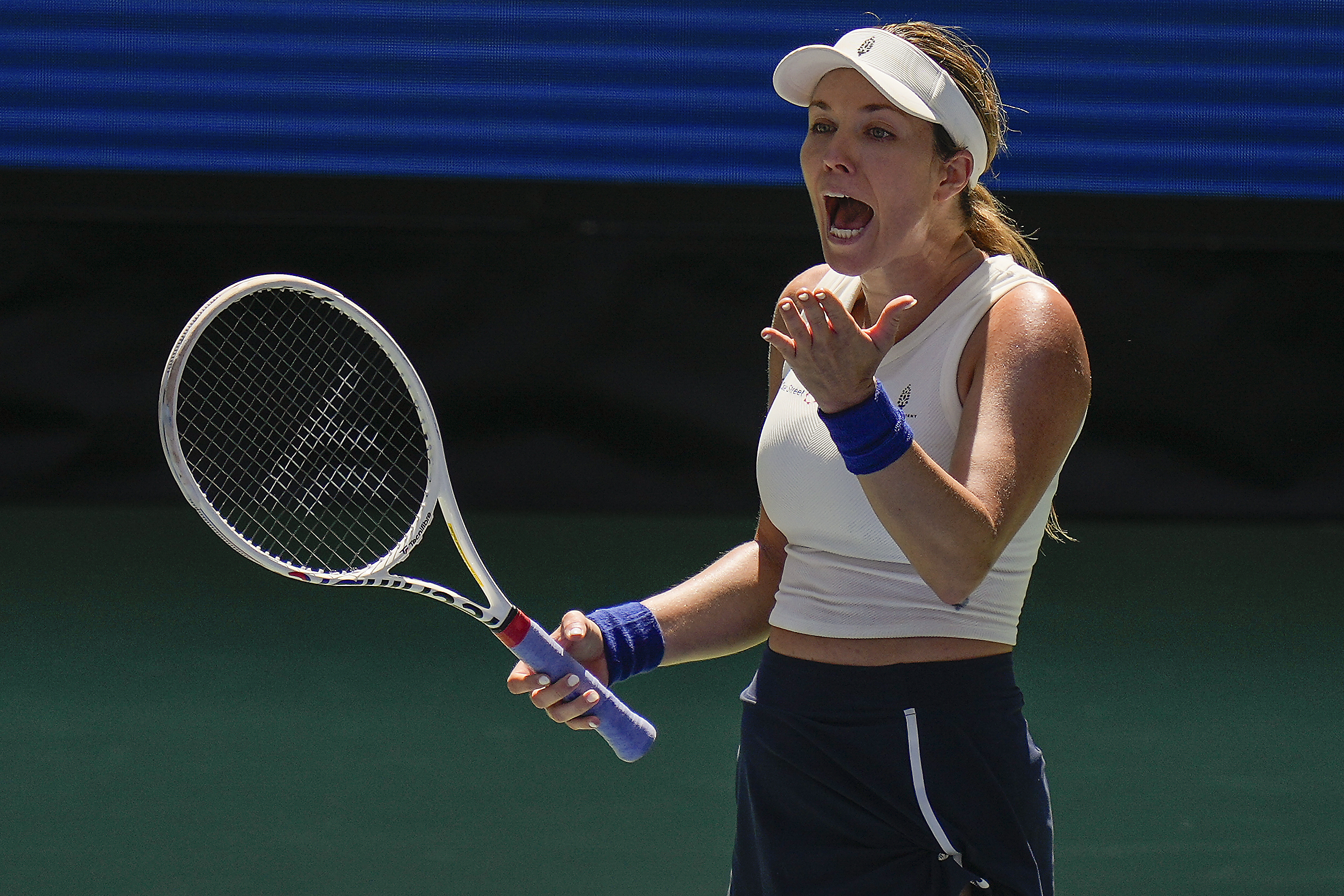 Danielle Collins, of the United States, reacts in the first set against Caroline Dolehide, of the United States, during the first round of the U.S. Open tennis championships, Tuesday, Aug. 27, 2024, in New York. 