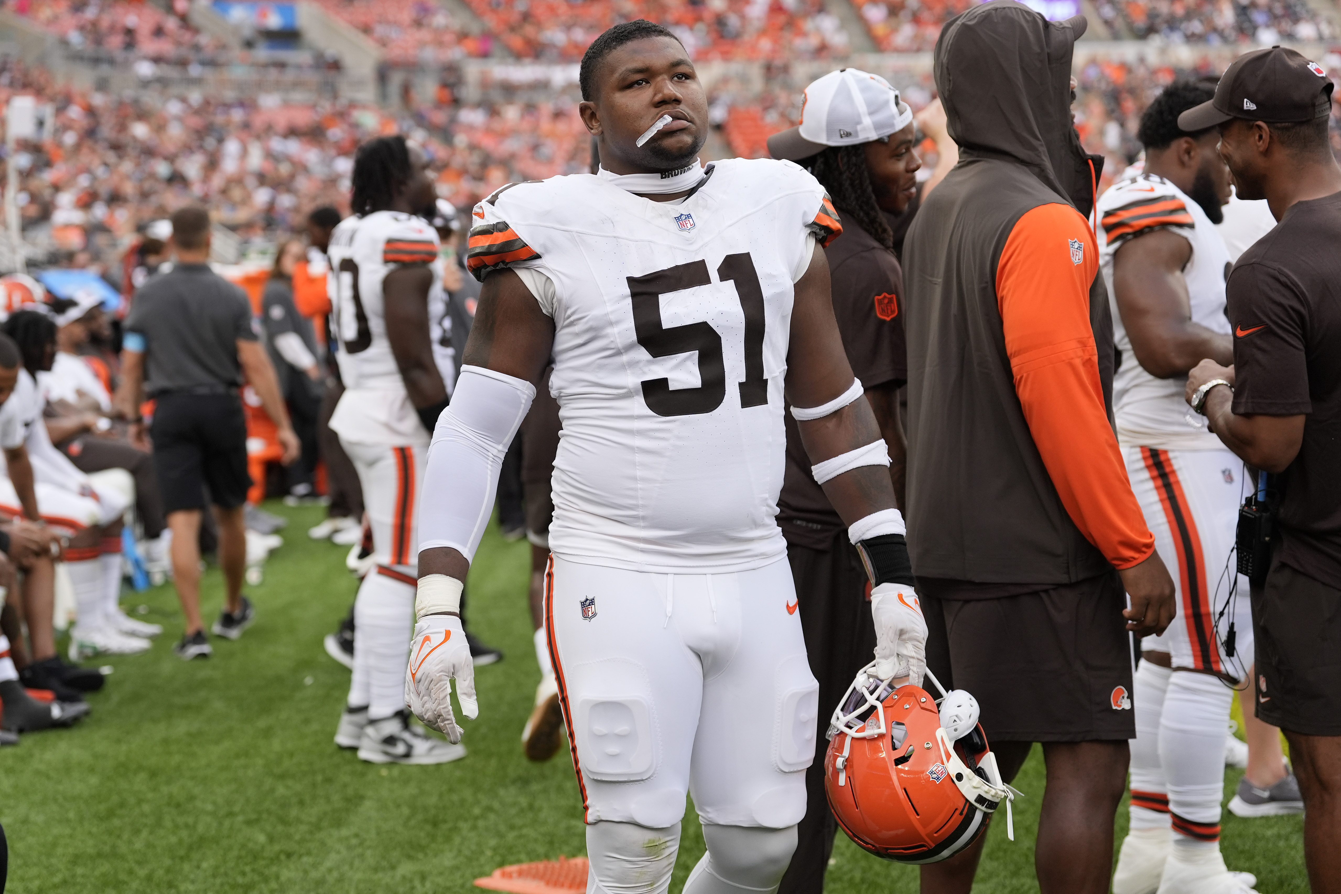 Cleveland Browns defensive tackle Mike Hall Jr. (51) walks the sidelines during the second half of an NFL preseason football game against the Minnesota Vikings, Saturday, Aug. 17, 2024, in Cleveland. 
