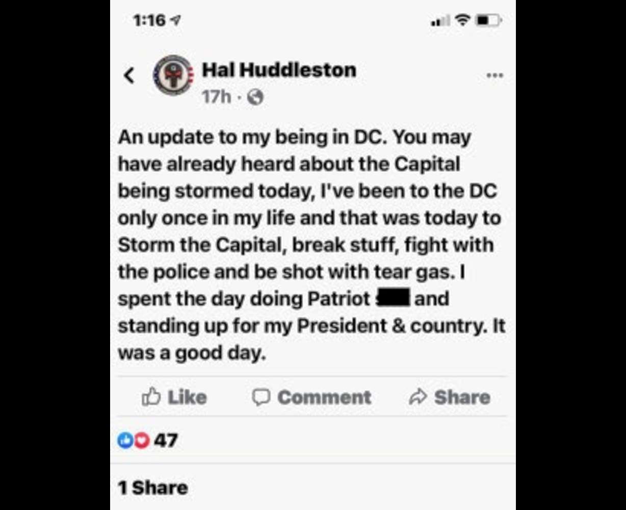 A screenshot from Hal Ray Huddleston’s Facebook account received in a Jan. 7, 2021, FBI tip.