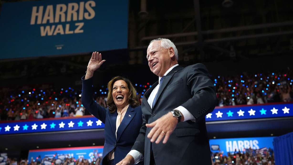 Vice President Kamala Harris and Minnesota Gov. Tim Walz at the Liacouras Center at Temple University on Aug. 6 in Philadelphia. Harris and Walz are set to be in her first interview as the Democratic frontrunner Thursday.
