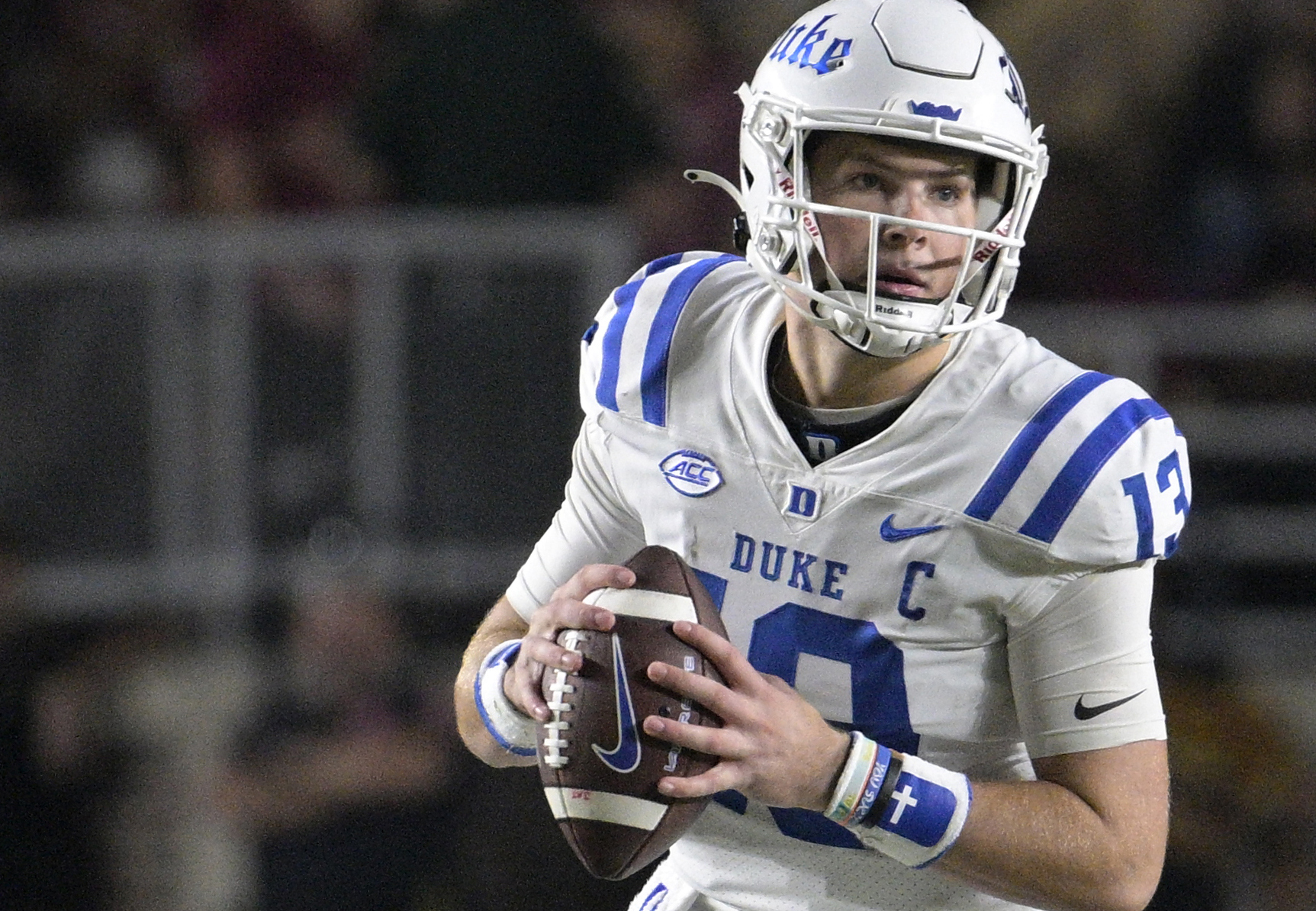 FILE - Then-Duke quarterback Riley Leonard (13) looks for a receiver during the second half of an NCAA college football game against Florida State, Saturday, Oct. 21, 2023, in Tallahassee, Fla.