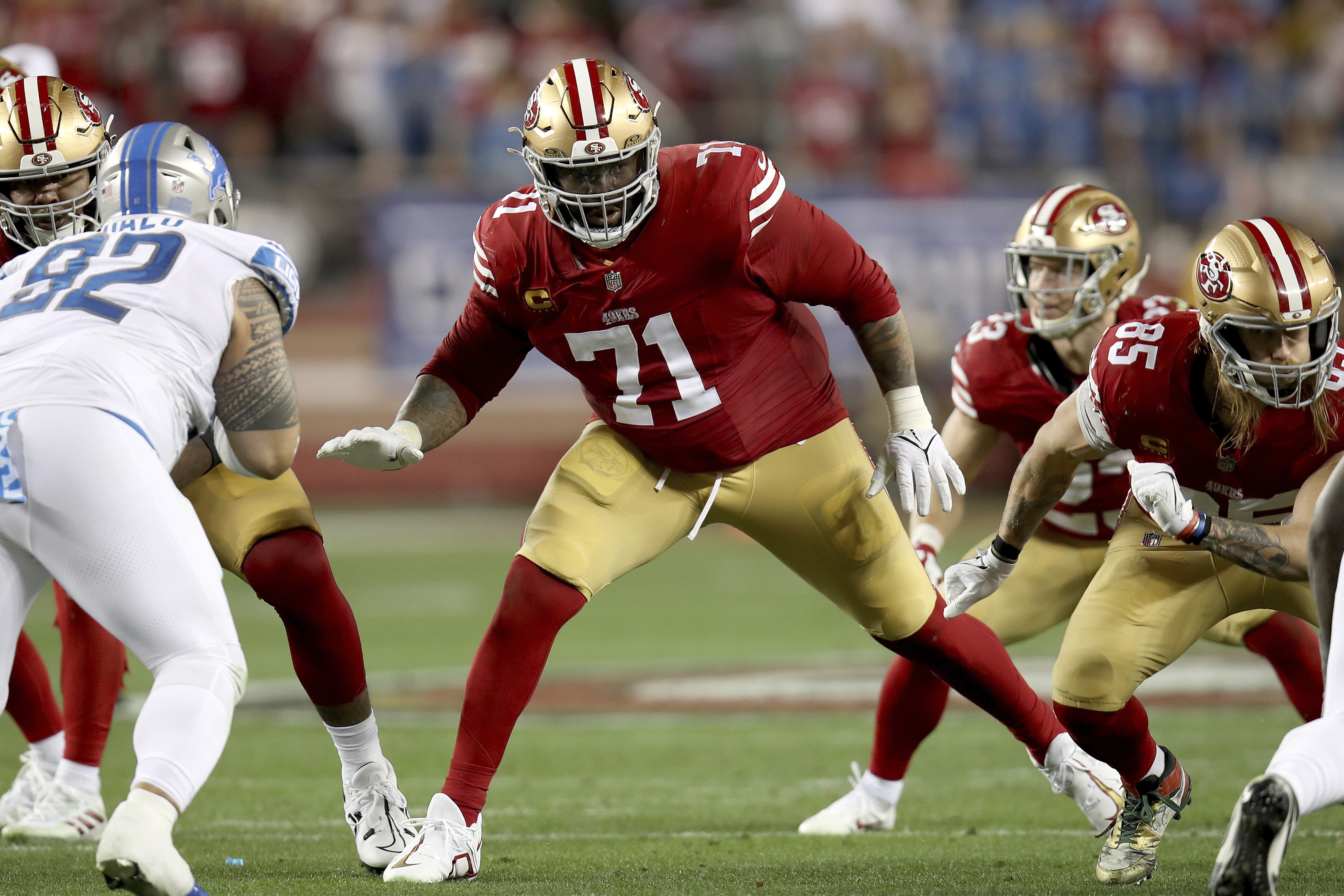FILE - San Francisco 49ers offensive tackle Trent Williams (71) blocks during the NFC Championship NFL football game against the Detroit Lions in Santa Clara, Calif., Jan. 28, 2024.