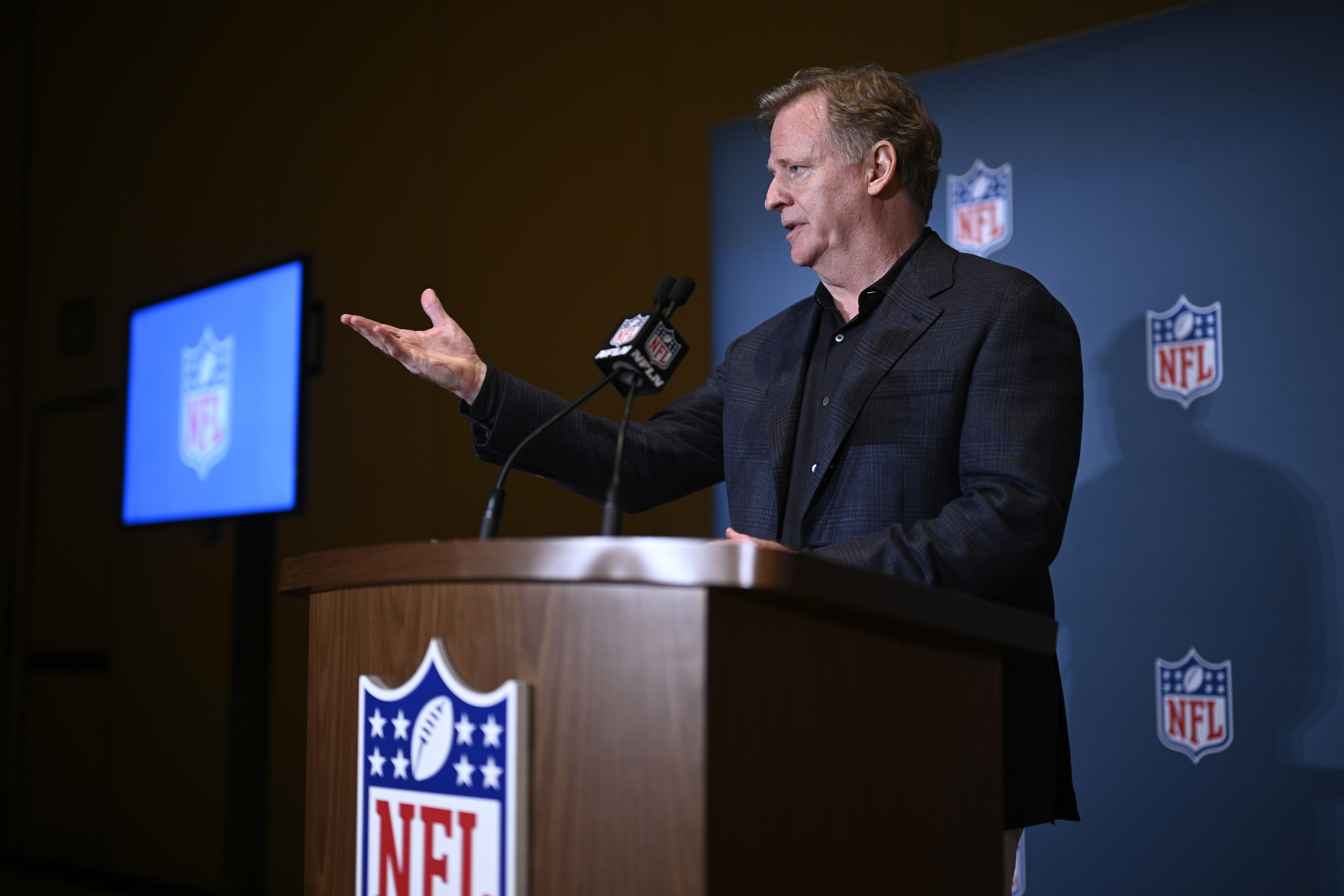 FILE - NFL commissioner Roger Goodell addresses reporters at the end of the NFL football owners meetings, Tuesday, March 26, 2024, in Orlando, Fla.