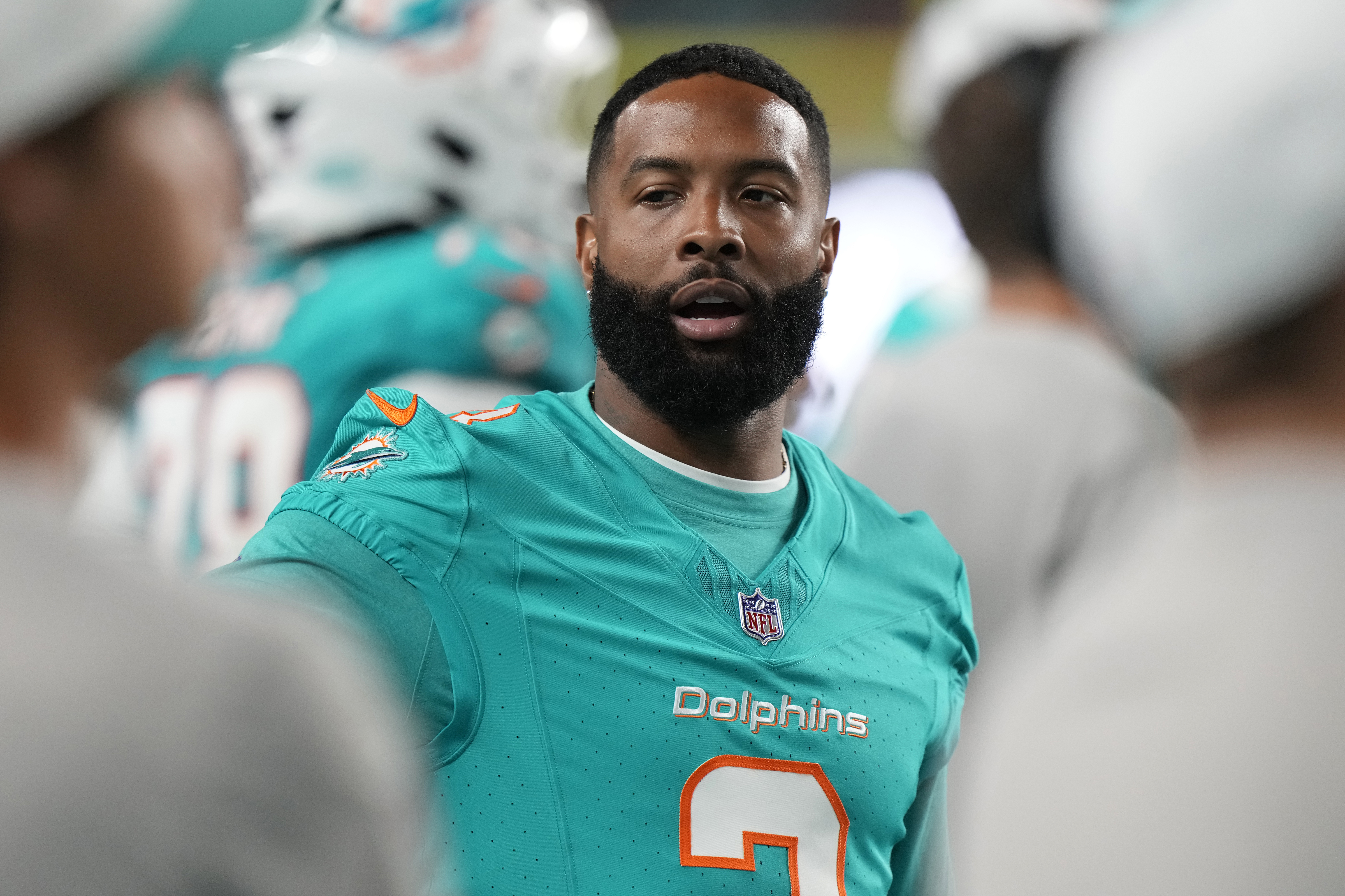 Miami Dolphins wide receiver Odell Beckham Jr. walks the sideline during the second half of a pre season NFL football game against the Atlanta Falcons, Friday, Aug. 9, 2024, in Miami Gardens, Fla. 