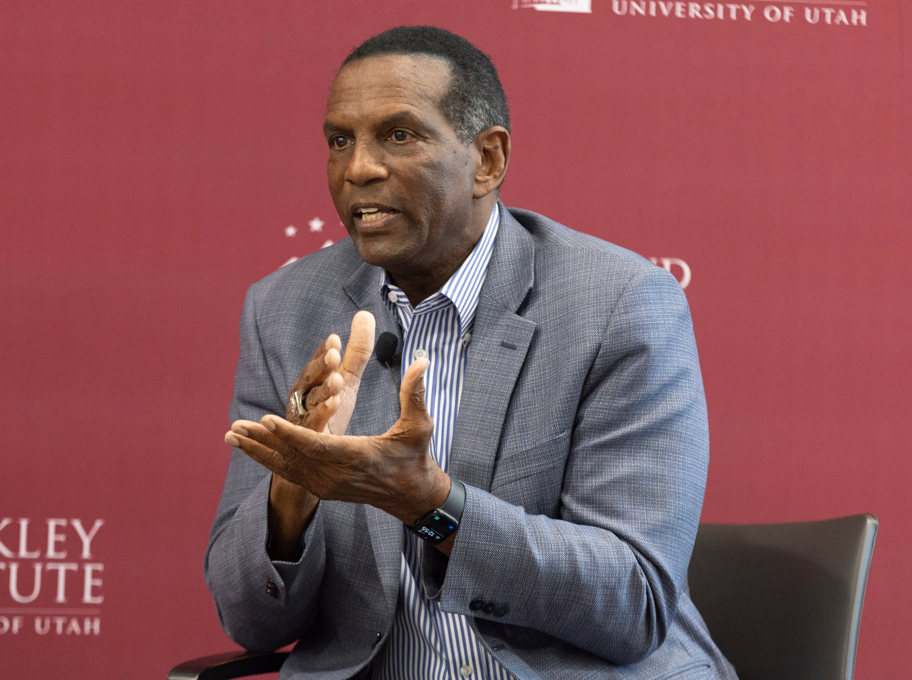 Rep. Burgess Owens, R-Utah, speaks during the Sutherland Institute’s 2024 Congressional Series at the Hinckley Institute on the University of Utah’s campus in Salt Lake City on Tuesday.
