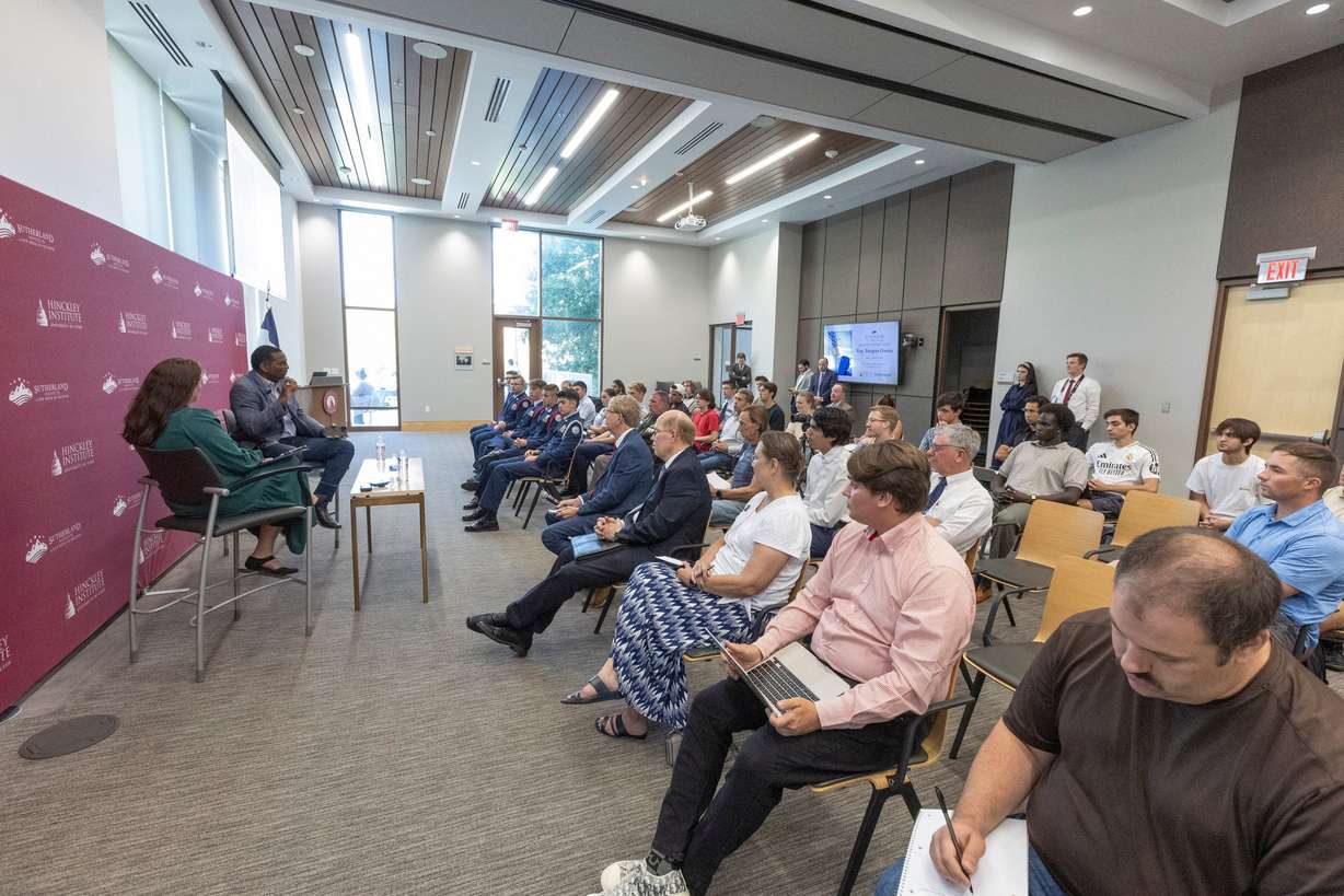 Rep. Burgess Owens, R-Utah, speaks during the Sutherland Institute’s 2024 Congressional Series at the Hinckley Institute on the University of Utah campus in Salt Lake City on Tuesday.